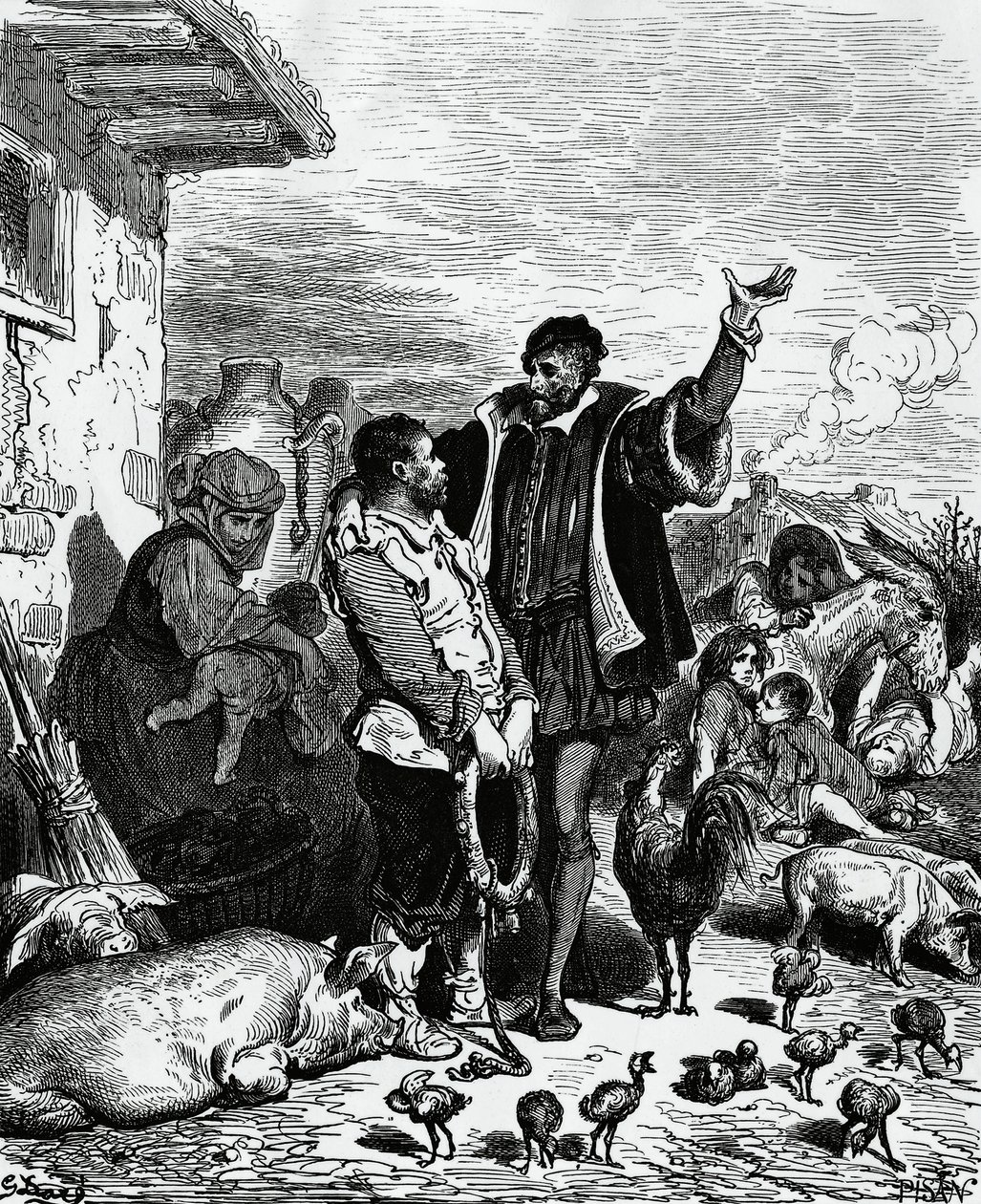 Don Quichotte emmenant Sancho Panza de chez lui et le nommant gouverneur, illustration de Gustave Doré pour l