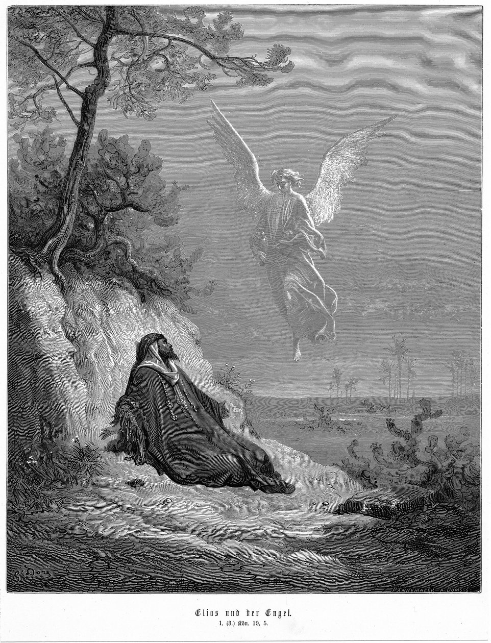 Élie va dans le désert et demande à mourir, mais un ange vient et lui dit 