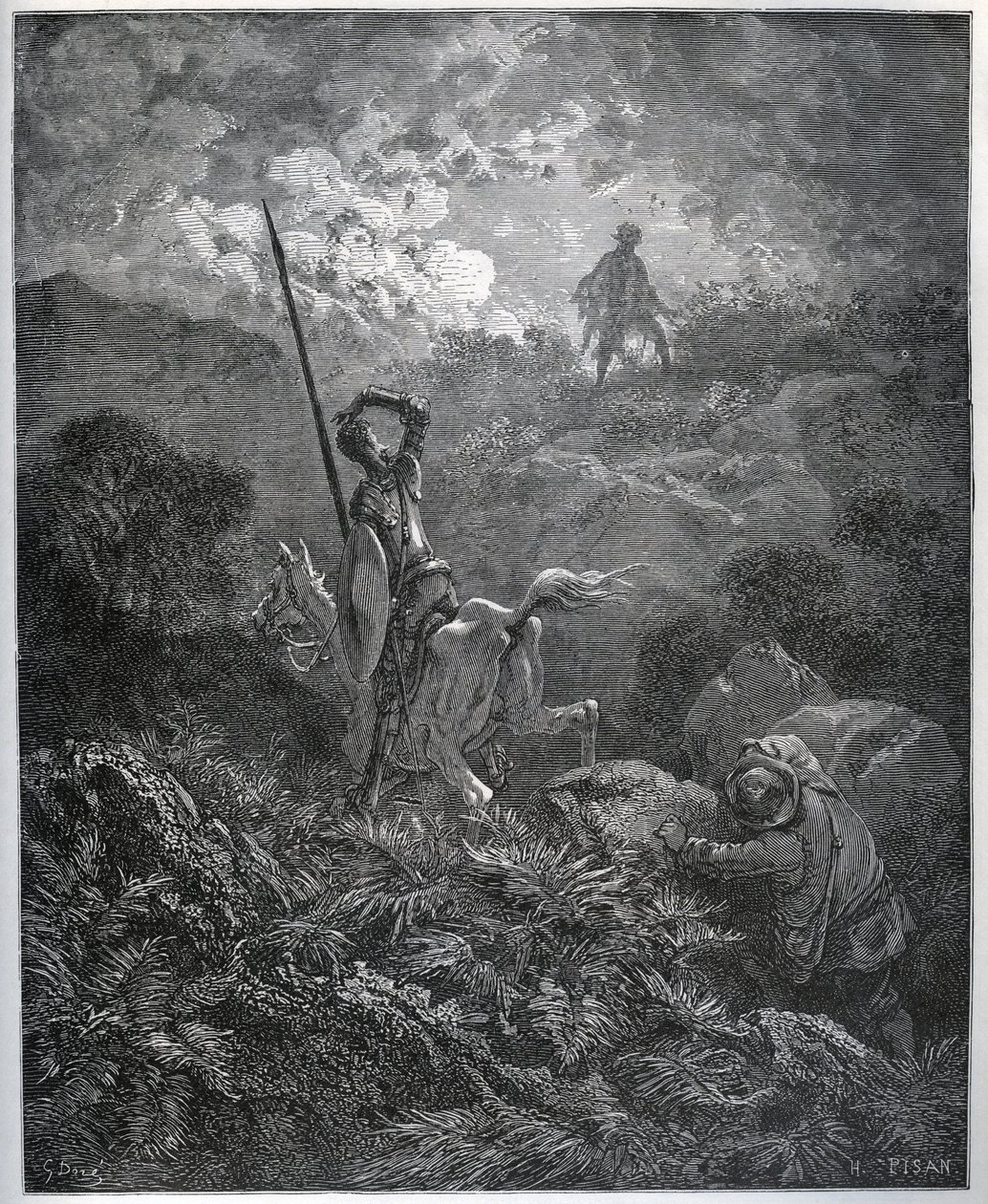Première apparition de la Déguisée-de-la-Malaise-Mine - de « Don Quichotte de la Manche » par Miguel Cervantes (1547-1616) - Gravure sur bois d