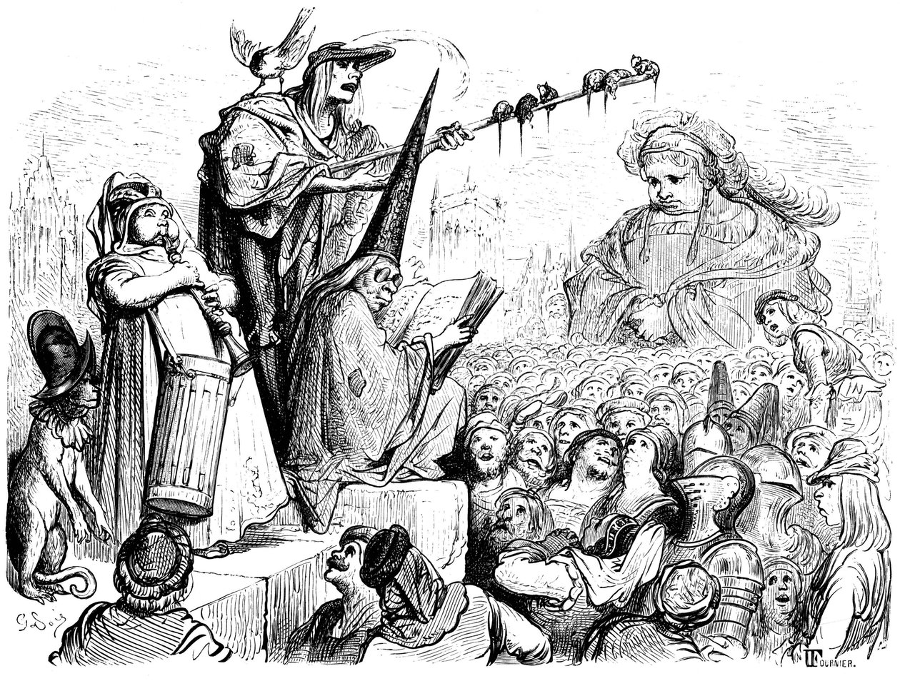 Éducation de Gargantua : il allait écouter des leçons publiques, des actes solennels, des répétitions, des déclamations, des plaidoiries de bons avocats, des discours de prédicateurs évangélistes... Gravure de Gustave Doré illustrant l
