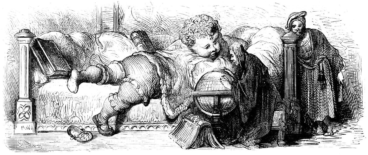 Éducation de Gargantua : le géant, enfant, est allongé sur son lit, étudiant un globe avec ses enseignants. Illustration de Gustave Doré pour l