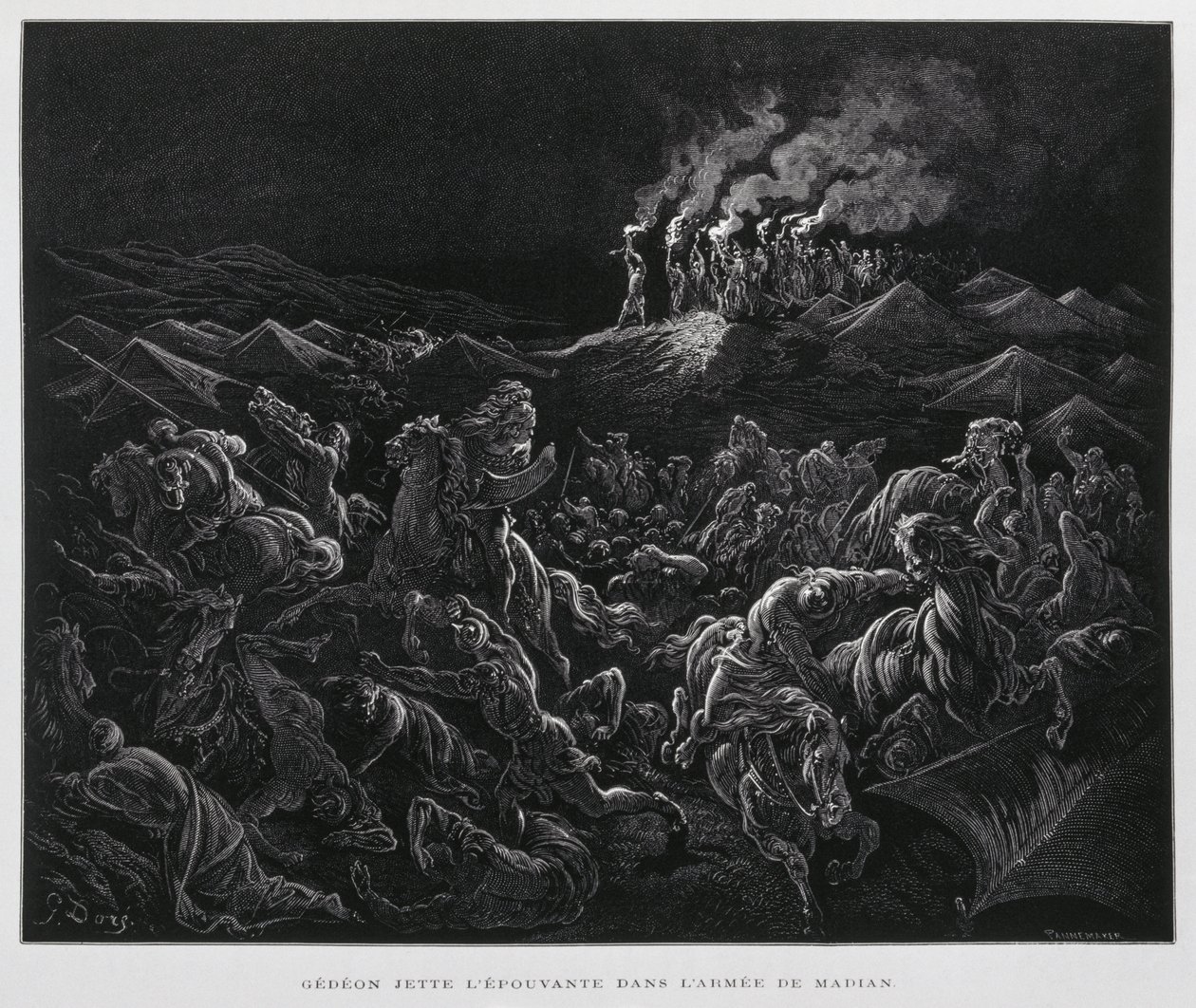 Gédéon attaque les Madianites la nuit, Illustration de la Bible de Doré - Gustave Dore