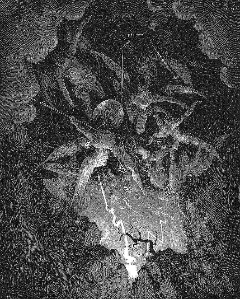Illustration de Gustave Doré pour le poème épique de John Milton, Le Paradis perdu (1667) Livre VI. Les anges rebelles tombent dans l