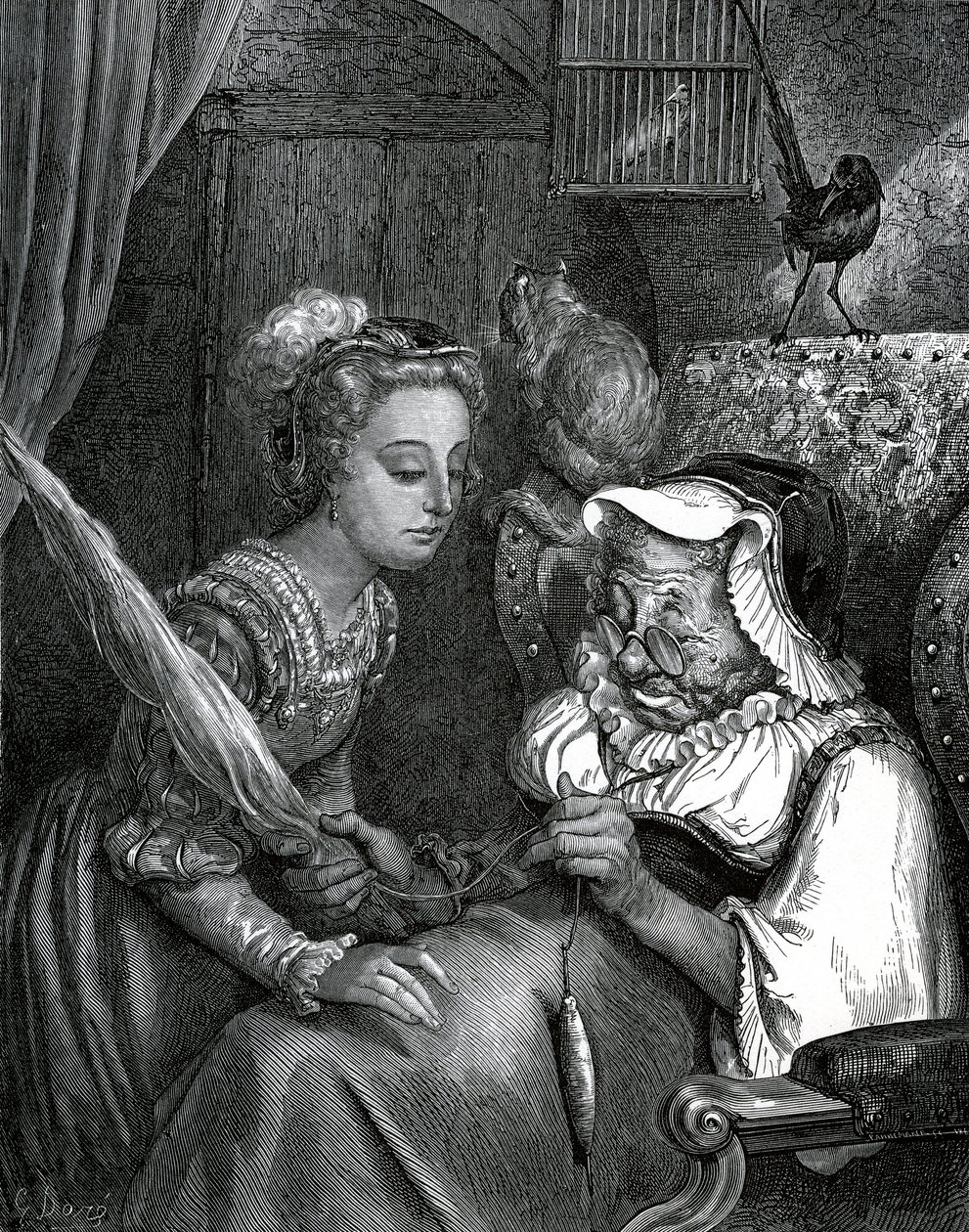 Illustration de Gustave Doré pour un conte de Charles Perrault : La Belle au bois dormant. La princesse va se piquer au fuseau d