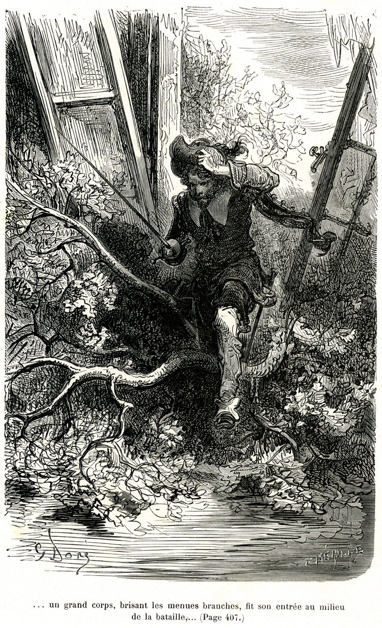 Jacquemin Lampourde, le pistolet à la main, arrive à un point dans la bataille. Gravure de Gustave Doré illustrant le roman picaresque de cape et d