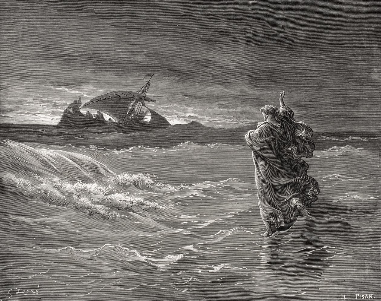 Jésus marchant sur la mer, Jean 6:19-21, illustration de 