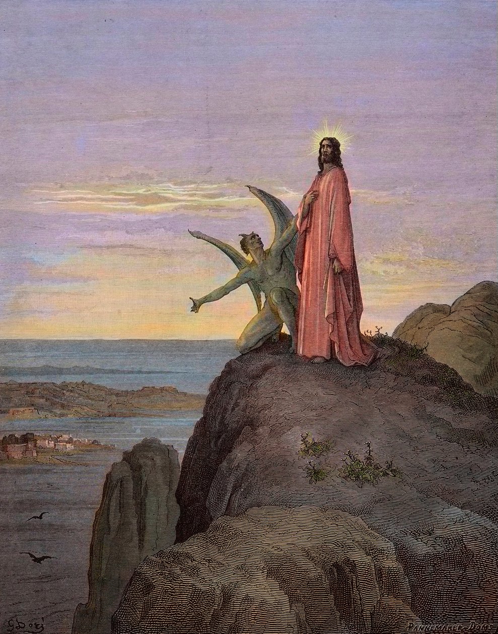 Jésus dans le désert, soumis à la tentation du diable - La tentation du Christ - Satan tenta Jésus - gravure par Gustave Doré - coloration ultérieure - Gustave Dore
