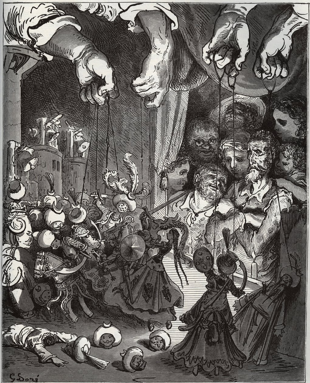 Le spectacle de marionnettes de Maese Pedro - de "Don Quichotte de la Manche" par Miguel Cervantes (1547-1616) - gravure sur bois d