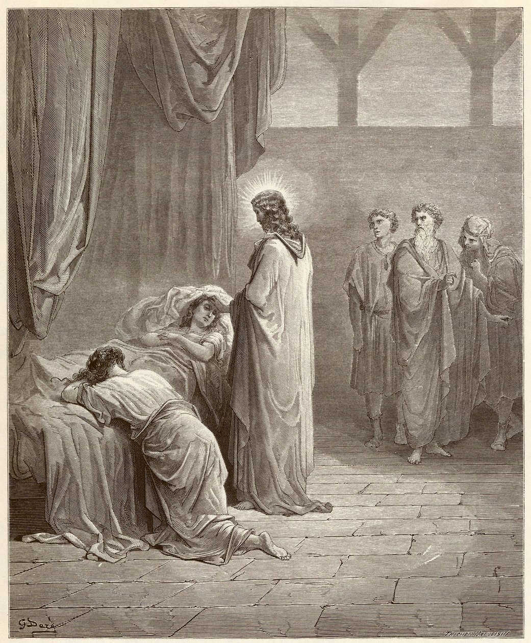 Miracle : Jésus-Christ a guéri la fille de Jaïre (Jairus ou Jaïros). Gravure de la Bible illustrée par Gustave Doré (1832-1883) - Gustave Dore