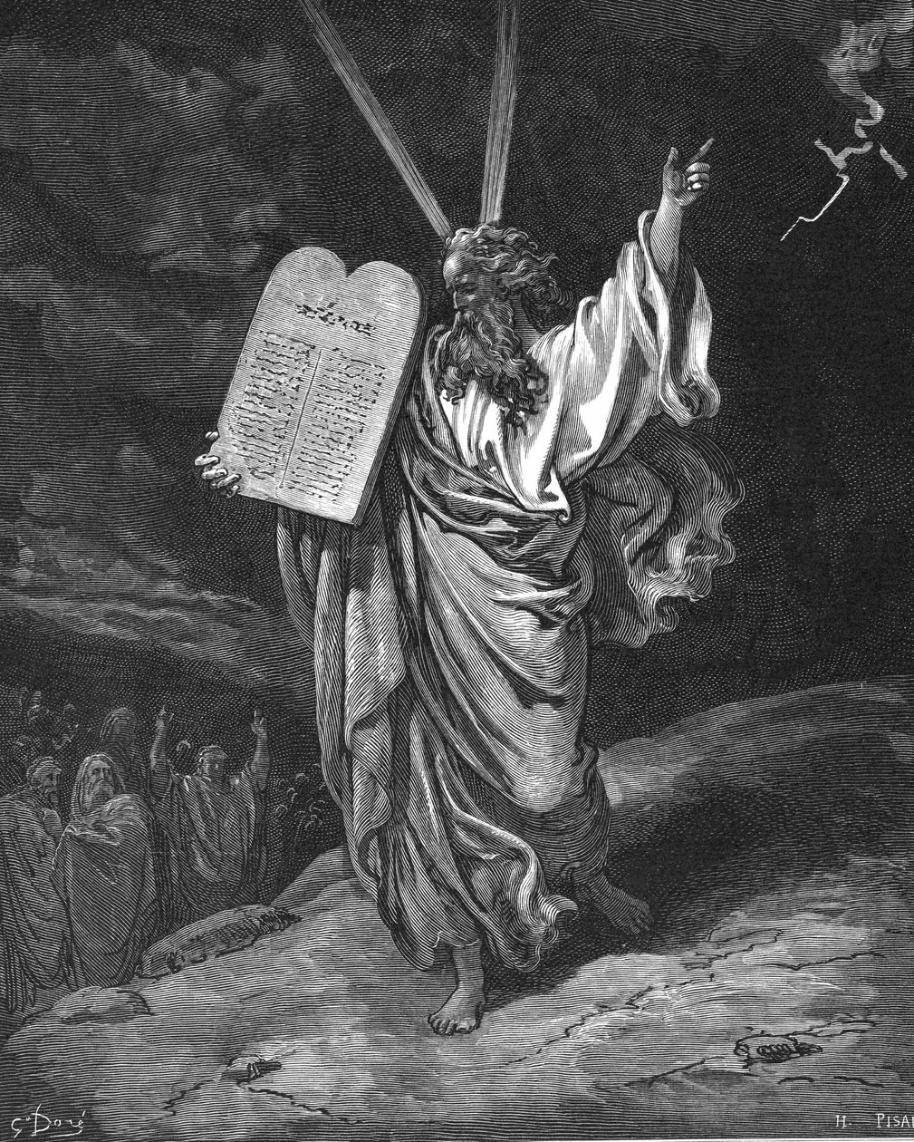 Moïse descendant du mont Sinaï avec les tables de la loi (Dix Commandements). Exode 5.35. Illustration de Gustave Doré (1832-1883) pour La Bible (Londres 1866). Gravure sur bois. - Gustave Dore