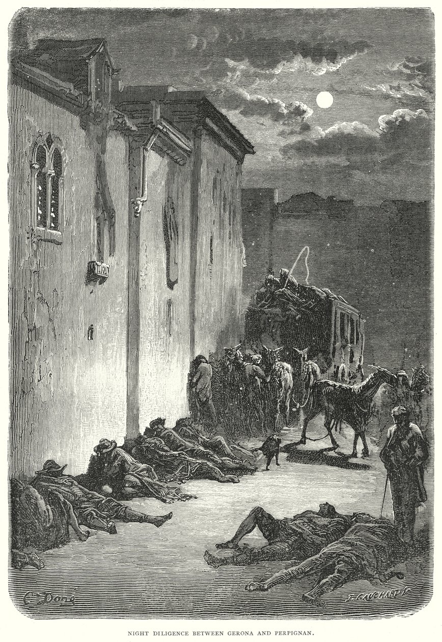 Diligence nocturne entre Gérone et Perpignan (gravure) - Gustave Dore
