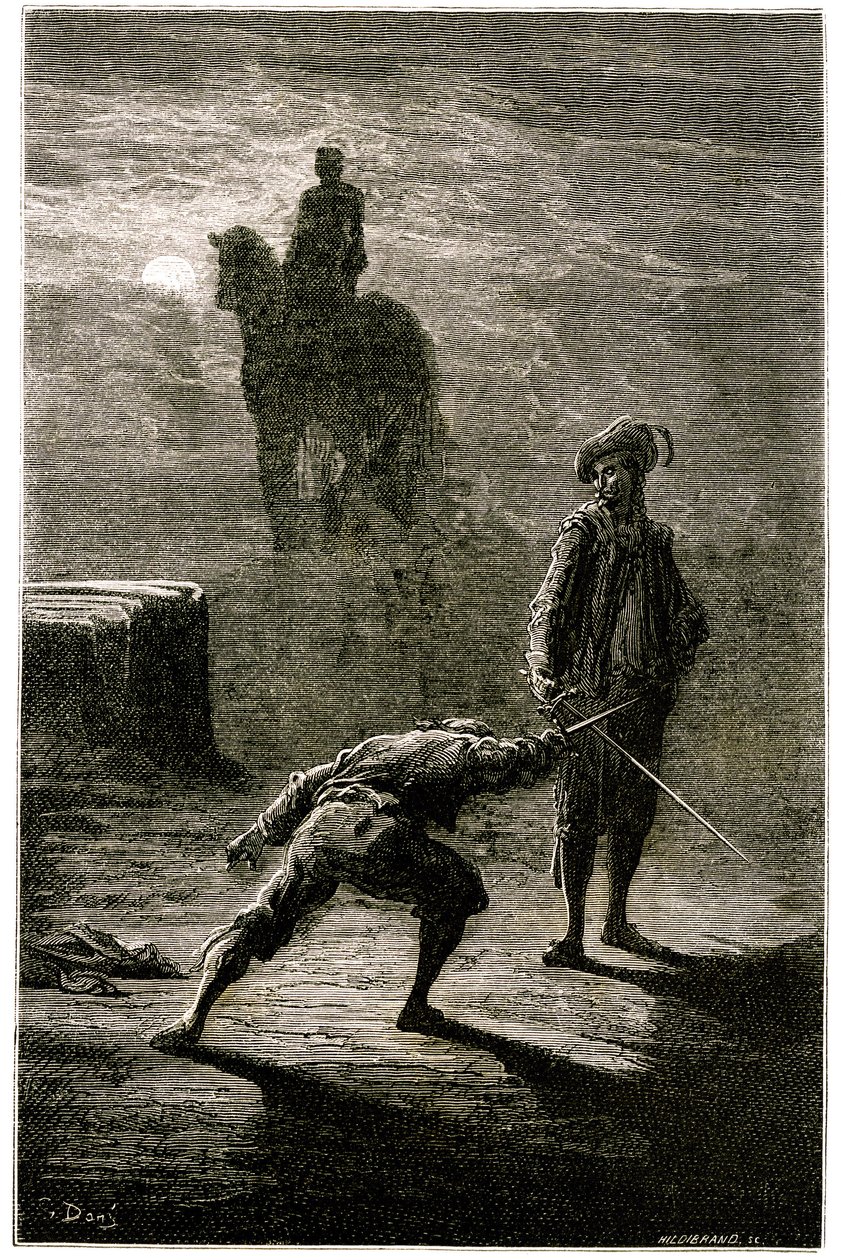 Duel nocturne au clair de lune entre le baron de Sigognac et Jacquemin Lampourde, sous la statue équestre du Roi de Bronze. Gravure de Gustave Doré illustrant le roman de Théophile Gautier « Le capitaine Fracasse », édition Charpentier 1863 - Gustave Dore