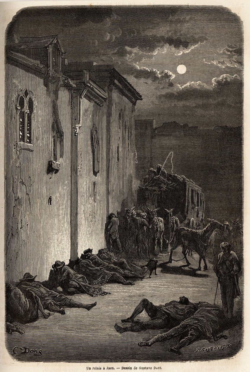 Une nuit dans une relais à Jaen. Dessin de Gustave Doré, pour illustrer son voyage en Espagne en 1862, avec Ch. Davillier. Gravure dans « Le tour du monde », édité par Edouard Charton - Gustave Dore