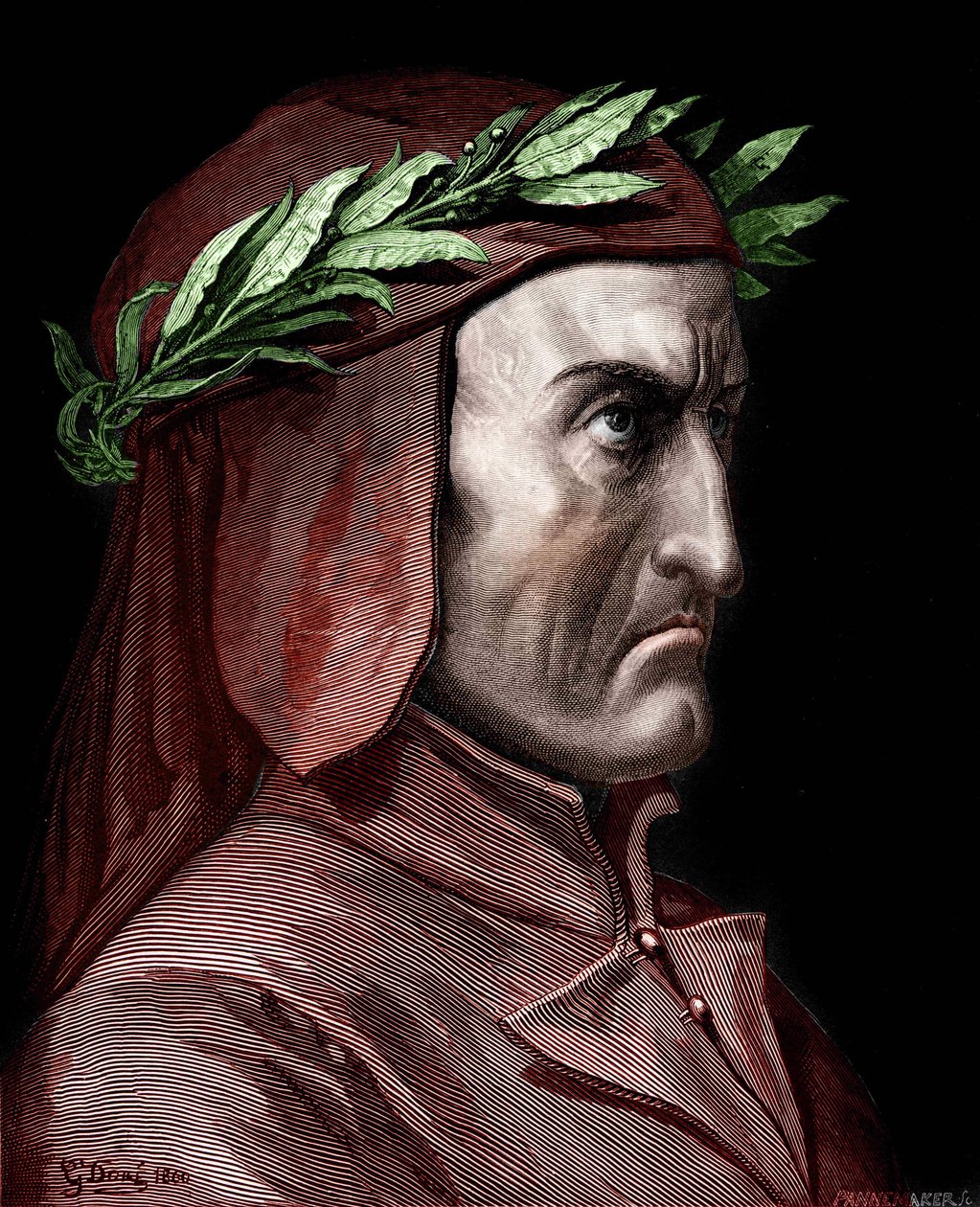 Portrait de Dante Alighieri (1265-1321), écrivain italien. Gravure par Gustave Doré de 1860 - Gustave Dore