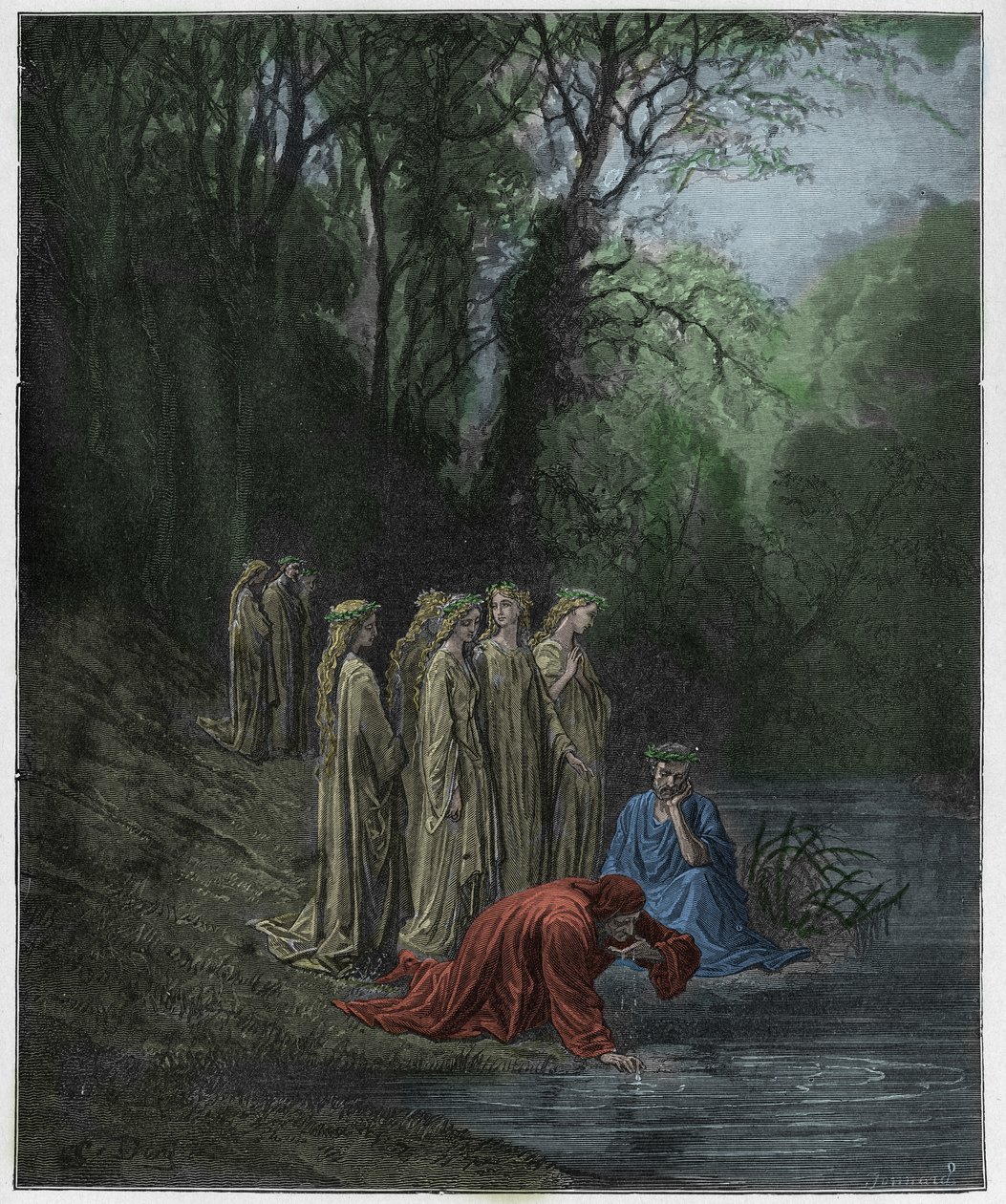 Purgatoire, Chant 33 : Dante boit de la rivière Eunoe, illustration de "La Divine Comédie" par Dante Alighieri, 1885 - Gustave Dore