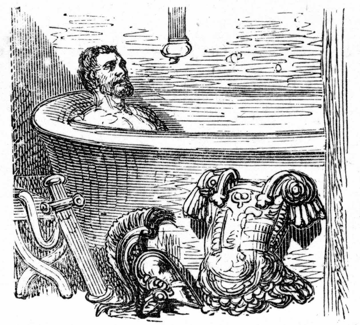 Soldat romain se baignant aux thermes de Bagnères-de-Bigorre : gravure de Gustave Doré illustrant le livre « Voyage aux Pyrénées » de Hippolyte Taine, Hachette 1860. - Gustave Dore