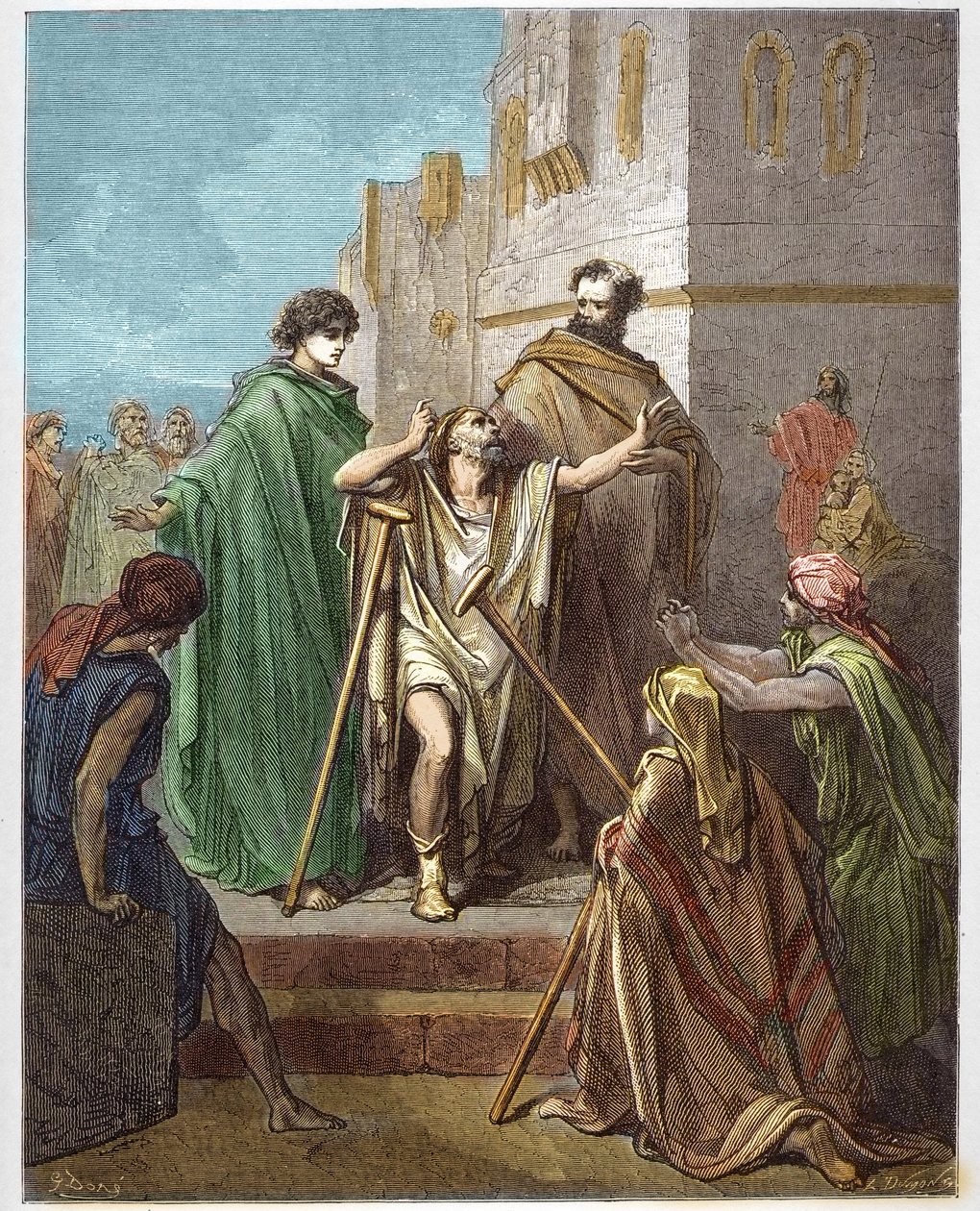 Saint Pierre et Saint Jean guérissant un boiteux - Guérison du boiteux - Saint Pierre, accompagné de Saint Jean, guérit miraculeusement un boiteux à Jérusalem - gravure dans « La Bible illustrée » par Gustave Doré (1832-1883) - Gravure de « La Bible de Dor - Gustave Dore