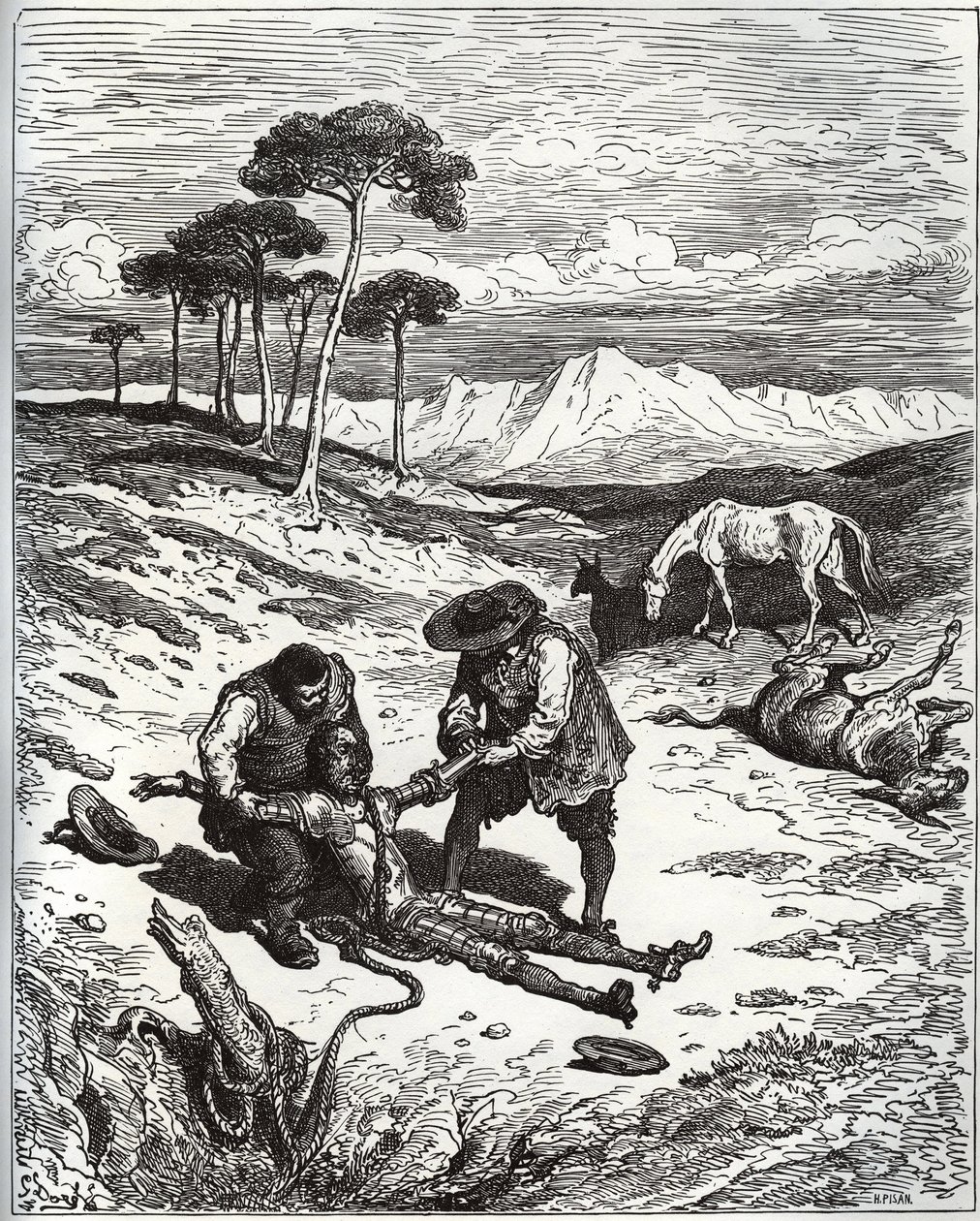 Sancho et le cousin tirent Don Quichotte (endormi) de la grotte de Montesinos - de « Don Quichotte de la Manche » par Miguel Cervantes (1547-1616) - Gravure sur bois d