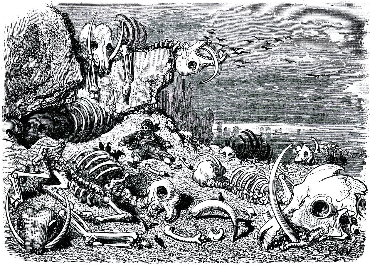 Sindbad le marin - conte des mille et une nuits - illustration de Gustave Doré - édition Maxwell 1865 - Septième et dernier voyage : le cimetière des éléphants où Sindbad récupérera les défenses en ivoire - Gustave Dore