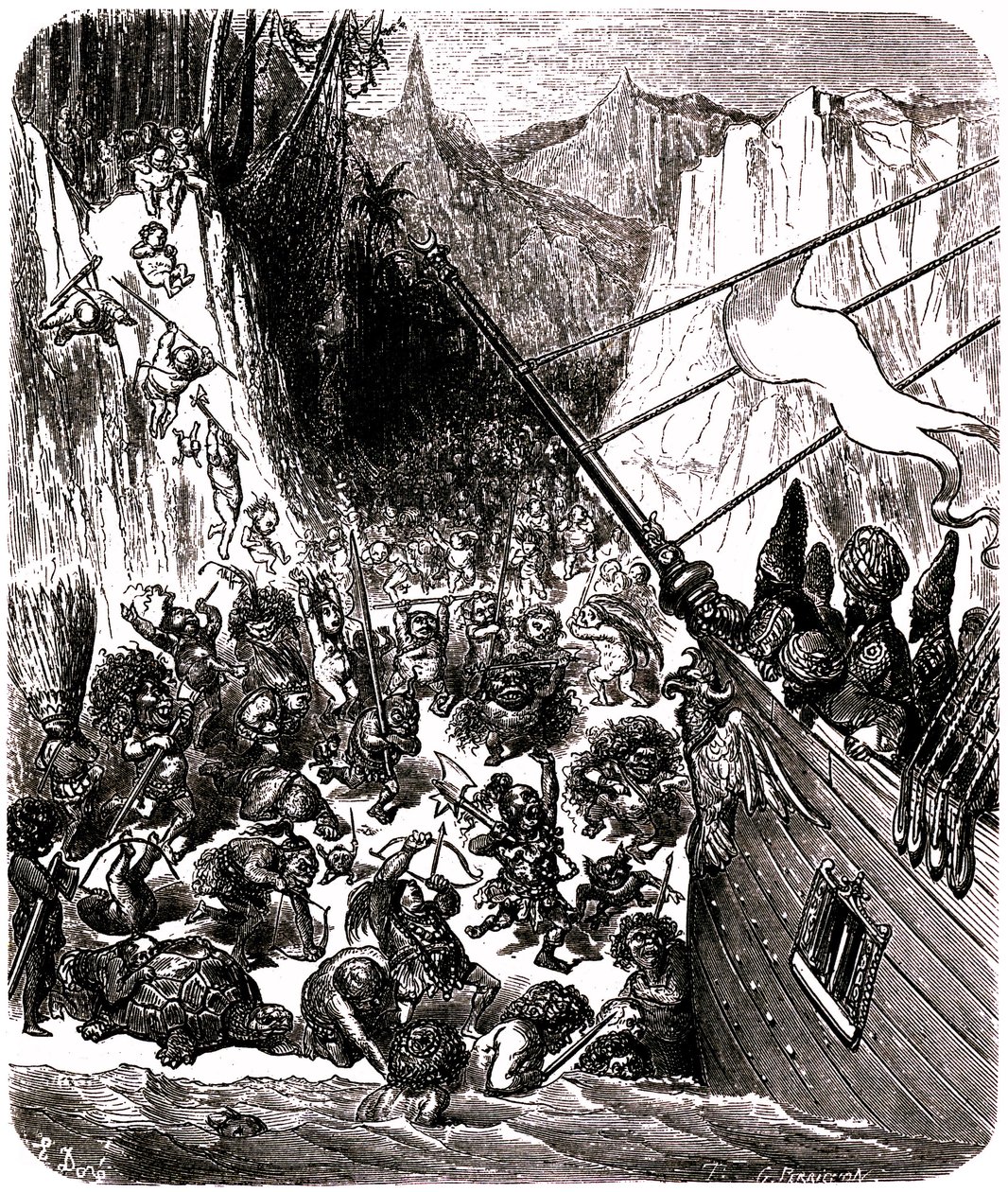 Sindbad le marin - conte des mille et une nuits - illustration de Gustave Doré - Troisième voyage : une tempête jette le navire de Sindbad et de ses compagnons sur une île où ils sont assaillis par une multitude de petits êtres hideux - Gustave Dore