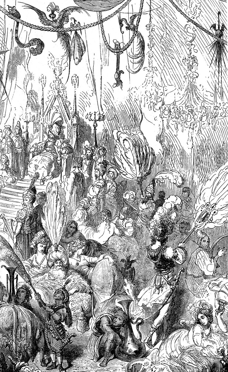 Sindbad le marin - conte des mille et une nuits - illustration de Gustave Doré - édition Maxwell 1865 - Sixième voyage - cette gravure peut représenter la cour du roi de Serendib ou celle du calife Haroun al-Rachid - Gustave Dore