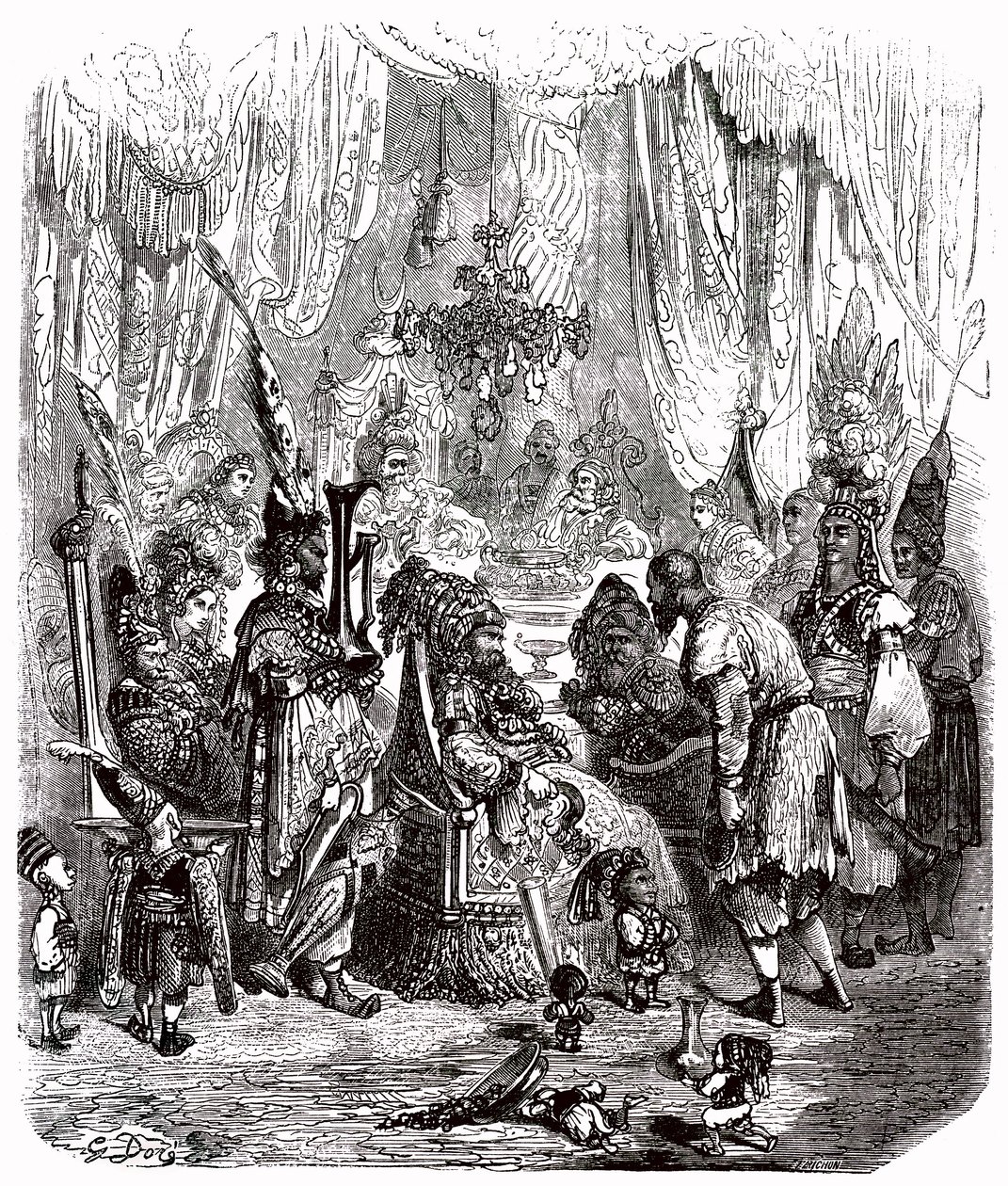 Sindbad le marin - conte des mille et une nuits - illustration de Gustave Doré - édition Maxwell 1865 - Prologue : un pauvre porteur (Hinbad) se présente devant Sindbad, devenu vieux et riche. Ce dernier racontera ses aventures - Gustave Dore