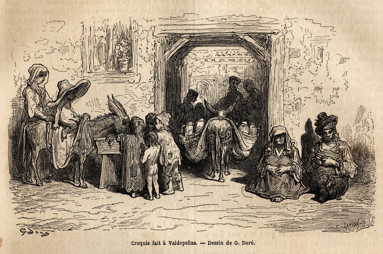 Croquis pris sur le vif : mendiants à Valpadenas (Canal). Gravure pour illustrer le voyage en Espagne par Gustave Doré (1832-1883) illustrateur et le Baron Ch. Davillier rédacteur, en 1862, publié dans « Le tour du monde, nouveau journal des voyages » - Gustave Dore