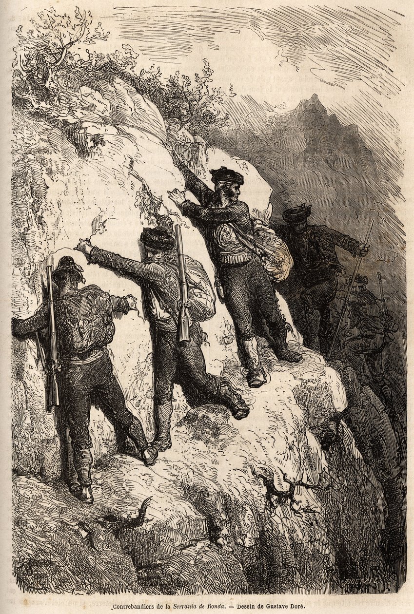 Contrebandiers de la Serrania de Ronda. Dessin de Gustave Doré (1832-1883), pour illustrer son voyage en Espagne en 1862, avec Ch. Davillier. Gravure dans « Le tour du monde », édité par Edouard Charton - Gustave Dore