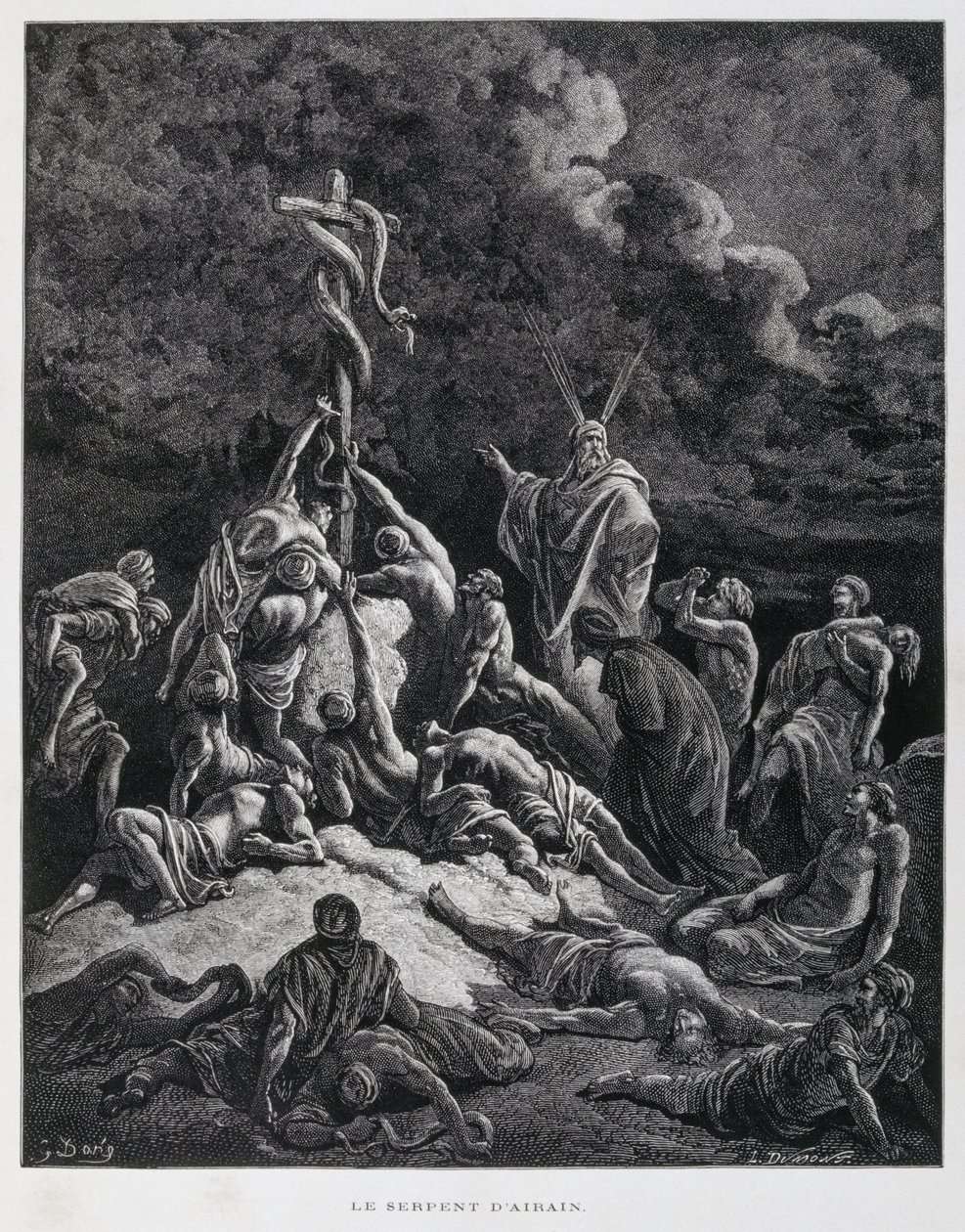 Alors Moïse fit un serpent de bronze et le mit sur un poteau. Nombres 21:7, Illustration de la Bible de Doré - Gustave Dore