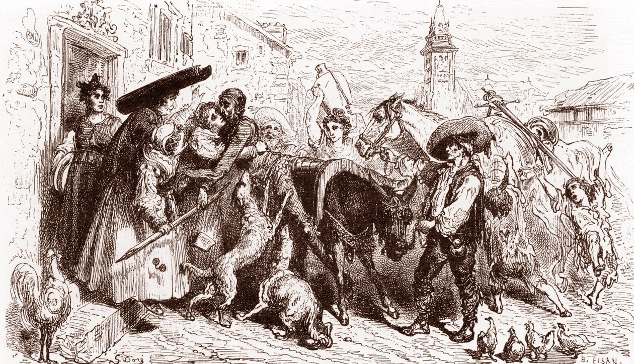 Le Quichotte battu rentre chez lui Gravure de Gustave Doré (1832-1883) pour « L