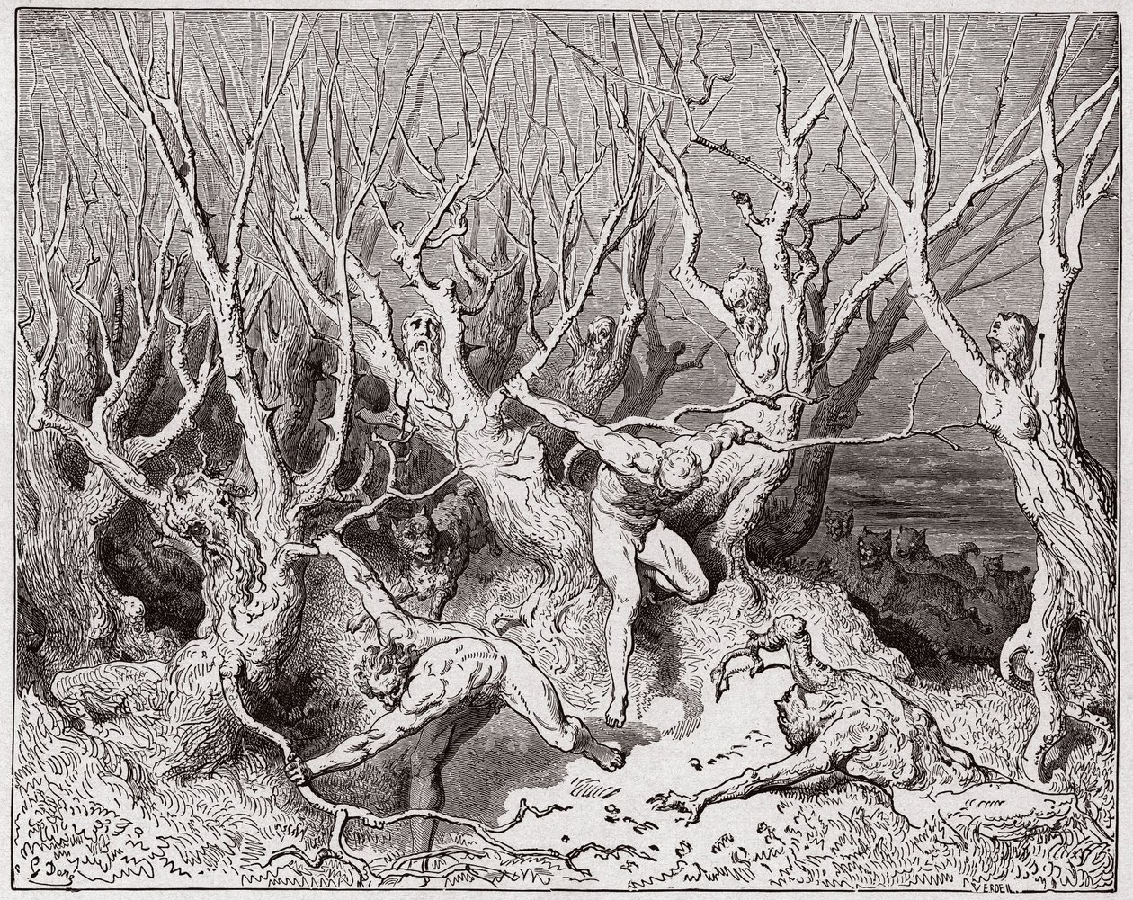 La Divine Comédie, Enfer, Chant 13 : Les suicidés fuient la forêt - par Dante Alighieri - Illustration par Gustave Doré - Gustave Dore
