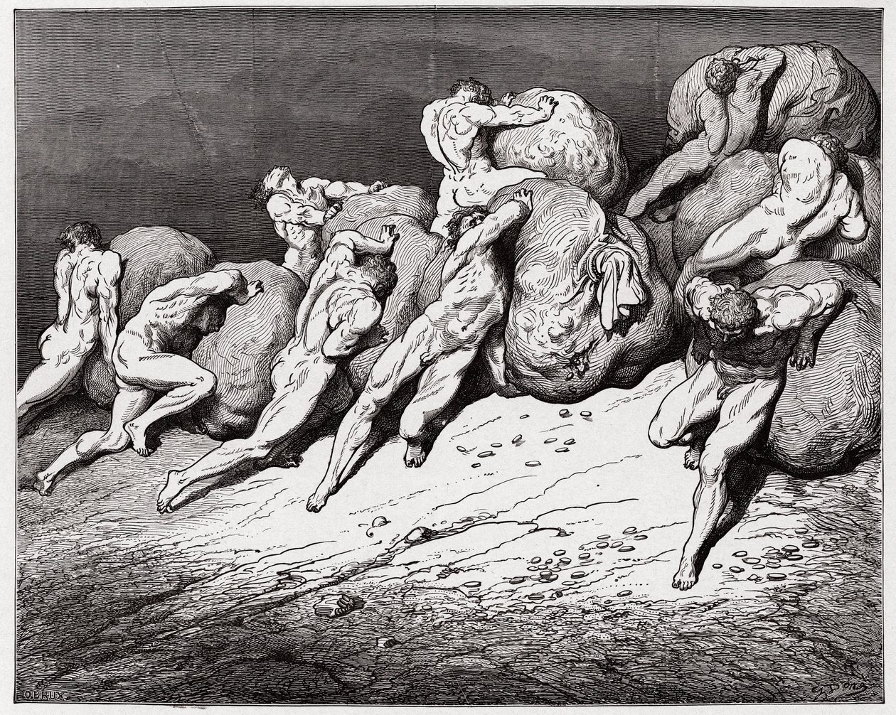 La Divine Comédie, Enfer, Chant 7 : Les âmes des avares et des prodigues forcées de rouler des pierres lourdes (Illustration de Gustave Doré) - Gustave Dore