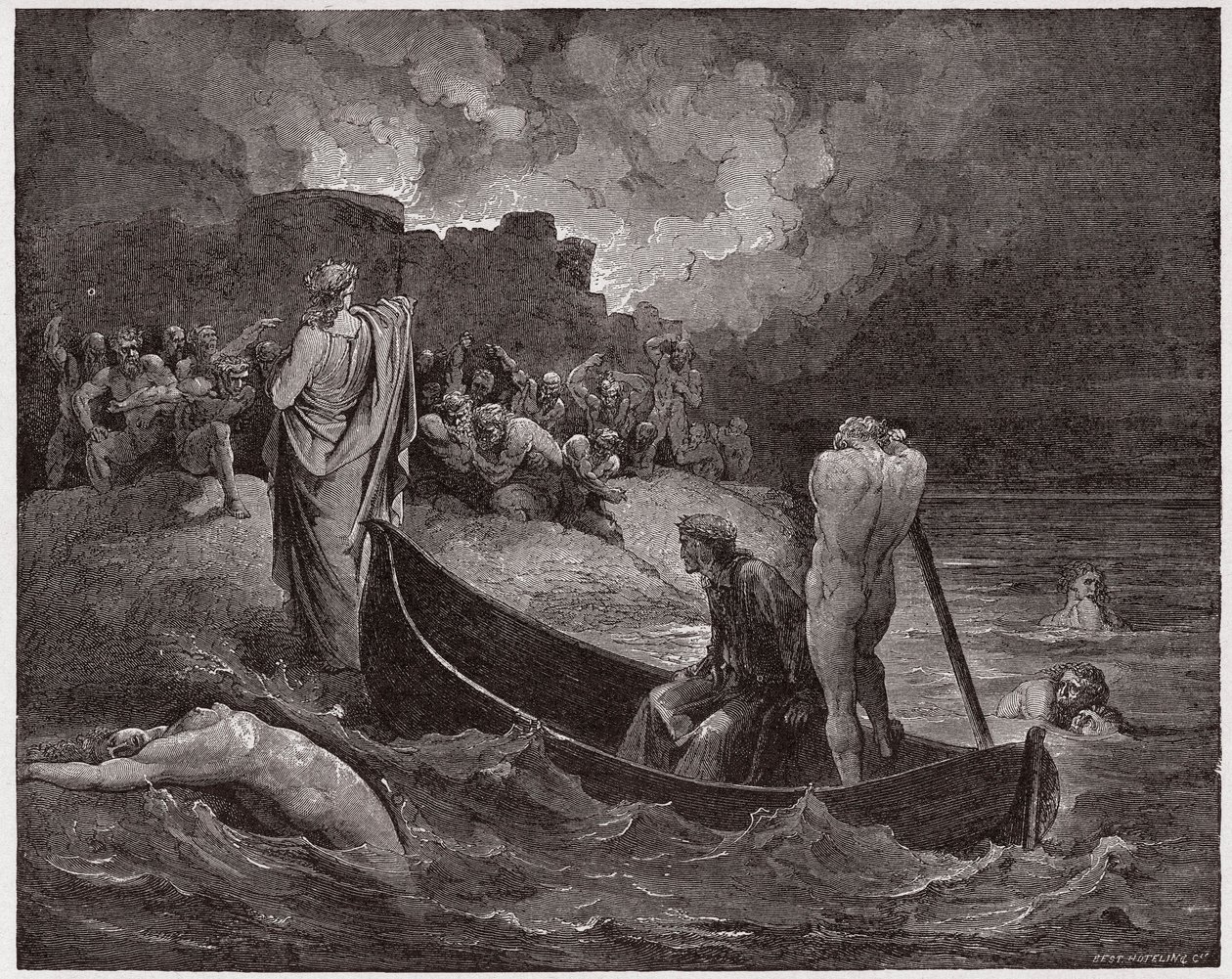 La Divine Comédie, Enfer, Chant 8: Virgile et Dante débarquent à la citadelle de Dis - Illustration de Gustave Doré - Gustave Dore