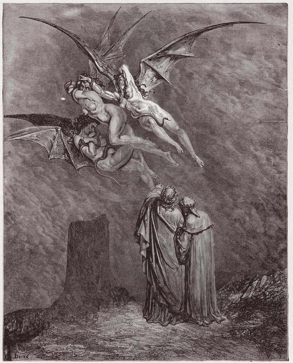 La Divine Comédie, Enfer, Chant 9 : Les hideuses Érinyes : Mégère, Tisiphone, Alecto - par Dante Alighieri - Illustration par Gustave Doré - Gustave Dore
