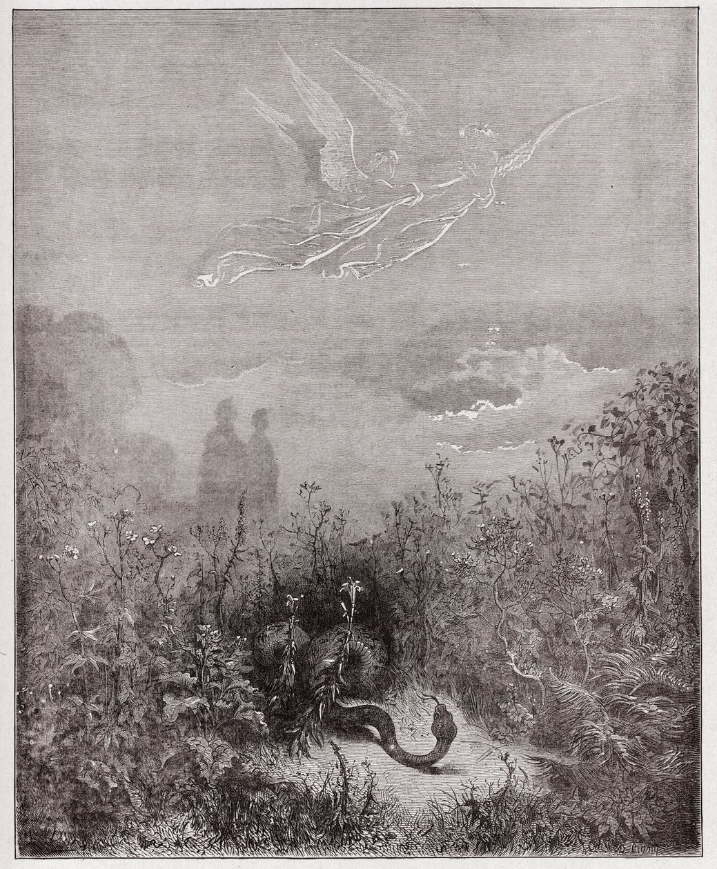 La Divine Comédie, Purgatorio, Chant 8 : Les anges chassent le serpent - par Dante Alighieri (1265-1321) - Illustration de Gustave Doré (1832-1883). - Gustave Dore