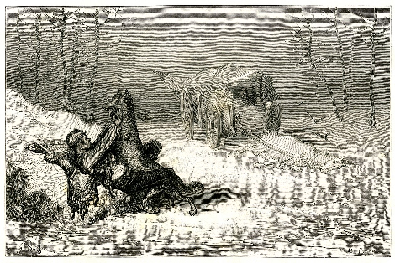Le brigand Agostin est attaqué par un loup, près du cheval mort encore attaché à la charrette abandonnée par les comédiens, ou cache la petite Chiquita. Gravure de Gustave Doré illustrant le roman de Théophile Gautier « Le capitaine Fracasse », édition Cha - Gustave Dore