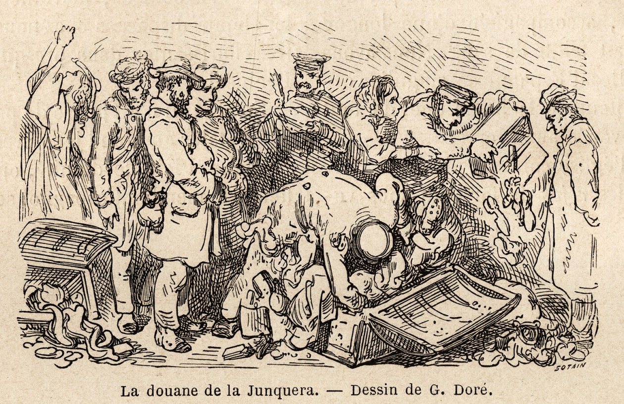 Les coutumes de la Junquera (ville située entre la Catalogne et la province de Gérone), dessin de Gustave Doré (1832-1883), pour illustrer son voyage en Espagne, avec C. Davillier, en 1862. Gravure dans "Le tour du monde", édité par Edouard Charton - Gustave Dore