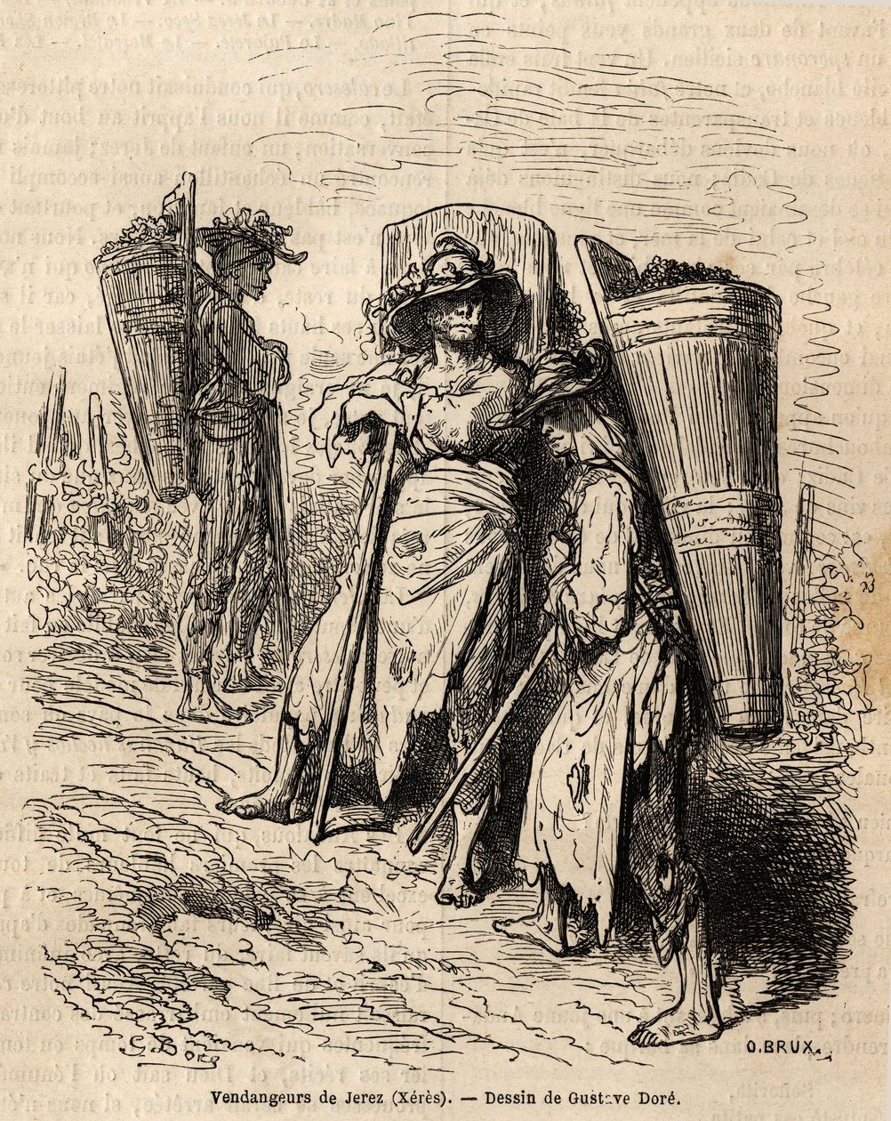 Les cueilleurs de Xérès. Dessin de Gustave Doré (1832-1883), pour illustrer son voyage en Espagne en 1862, avec Ch. Davillier. Gravure dans « Le tour du monde », édité par Édouard Charton - Gustave Dore