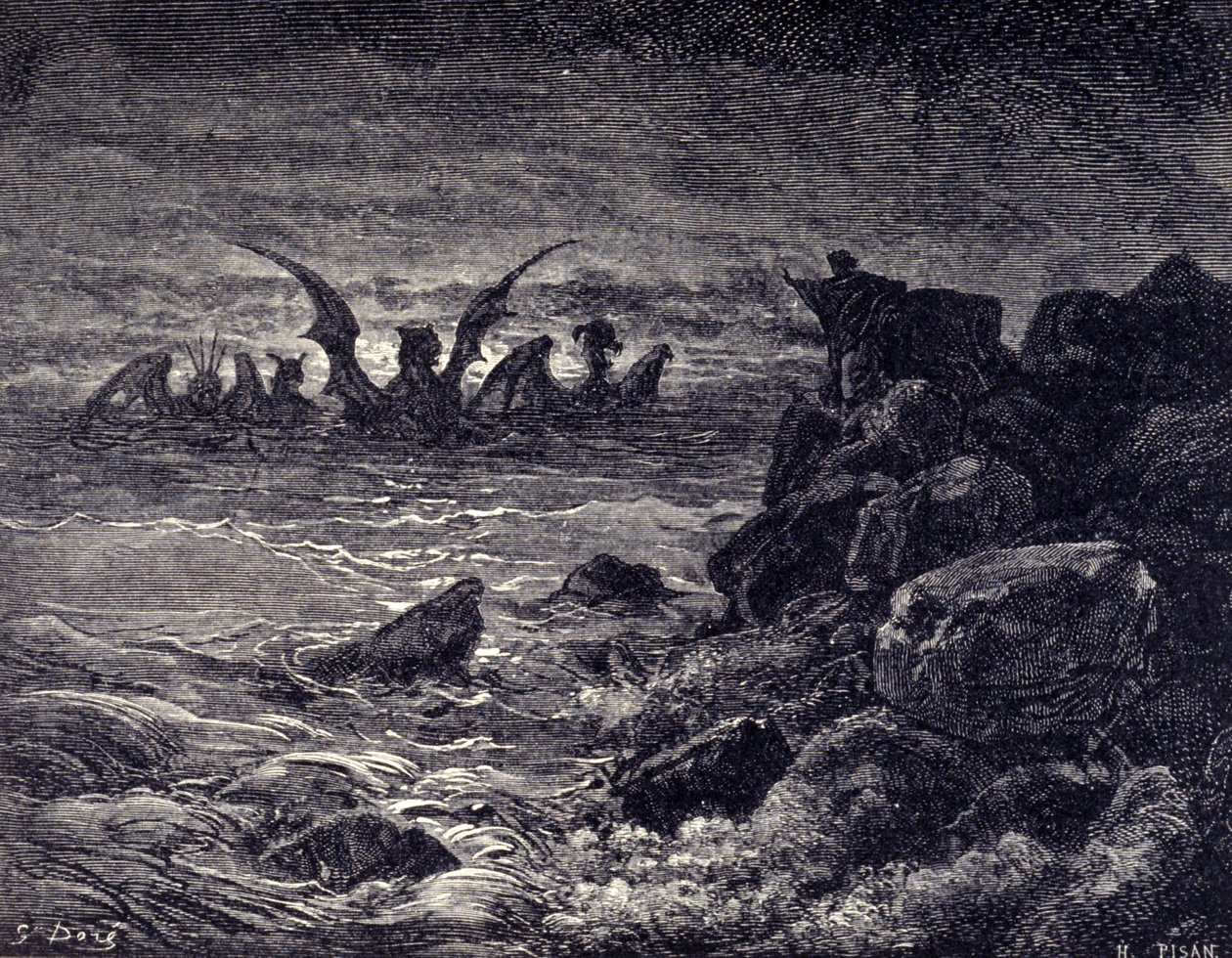 Le prophète Daniel voit apparaître des monstres : Haniel, Kafziel, Azriel, Aniel. Gravure de la Bible illustrée par Gustave Doré. 19e siècle - Gustave Dore