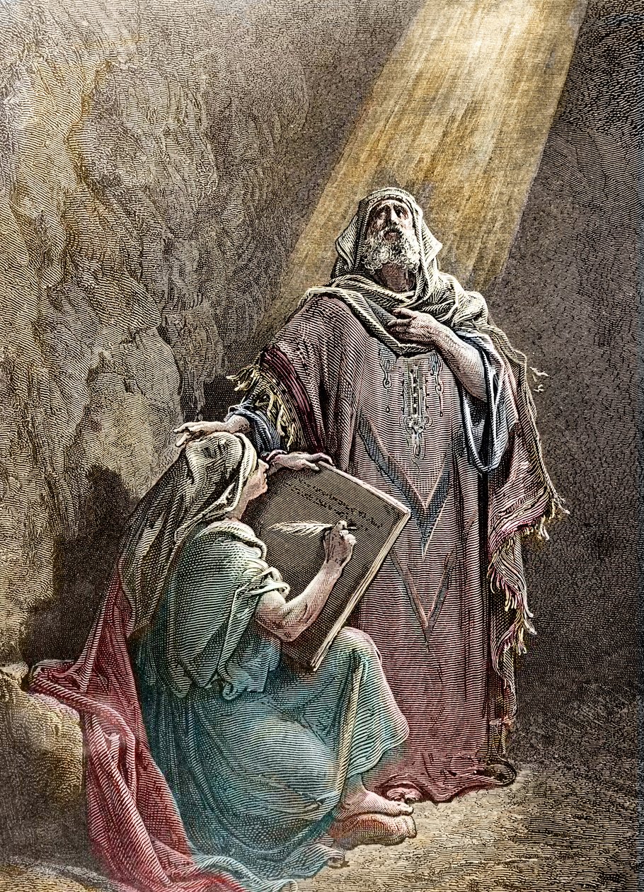 Le prophète Jérémie dictant ses prophéties à Baruch - Gravure colorisée par Pannemacker, de la Bible de Gustave Doré (1832-1883) - Jérémie (650-585 av. J.-C.), prophète hébreu. Jérémie dictant ses prophéties à Baruch. Gravure par Pannemaker, La Bible - Gustave Dore
