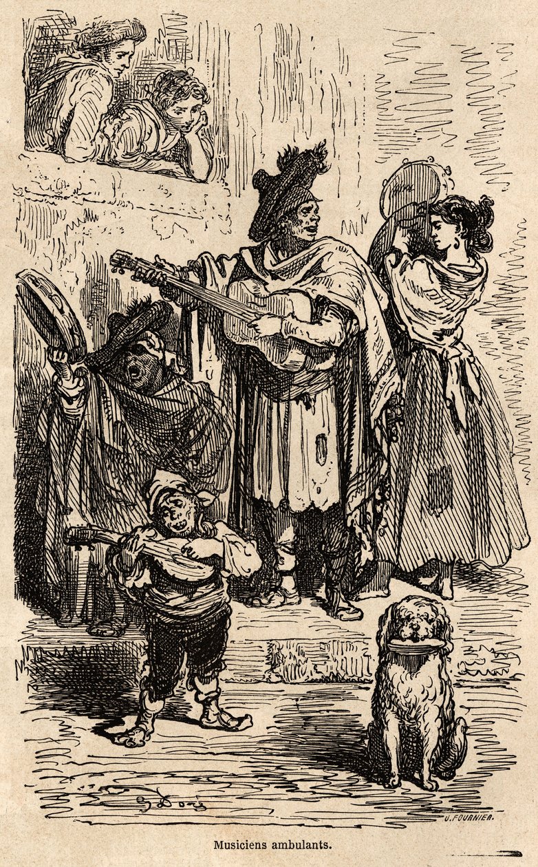 Musiciens ambulants à Valence, dessin par Gustave Doré (1832-1883), pour illustrer son voyage en Espagne avec C. Davillier, en 1862. Gravure dans « Le tour du monde », édité par Edouard Charton - Gustave Dore