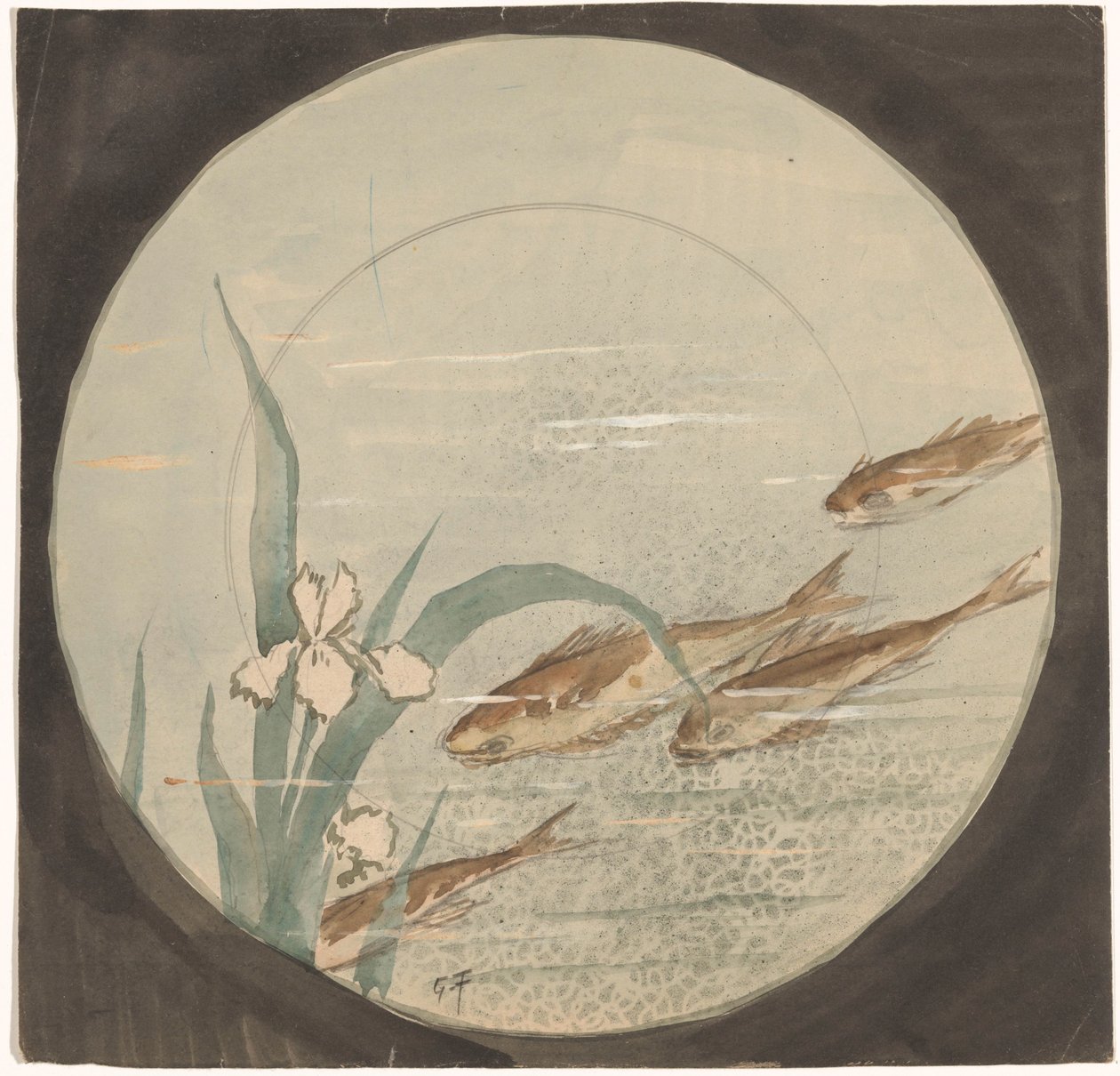 Projet pour une assiette avec quatre poissons bruns nageant vers le bas près d