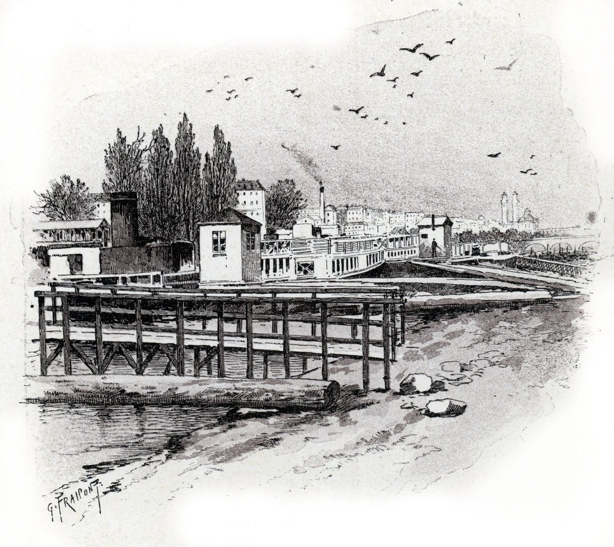 Atelier de réparation des bateaux omnibus (Bateau-bus) à Paris. Dessin de Gustave Fraipont (1849-1923) tiré de « La Seine à travers Paris » par Saint-Juirs - Gustave Fraipont