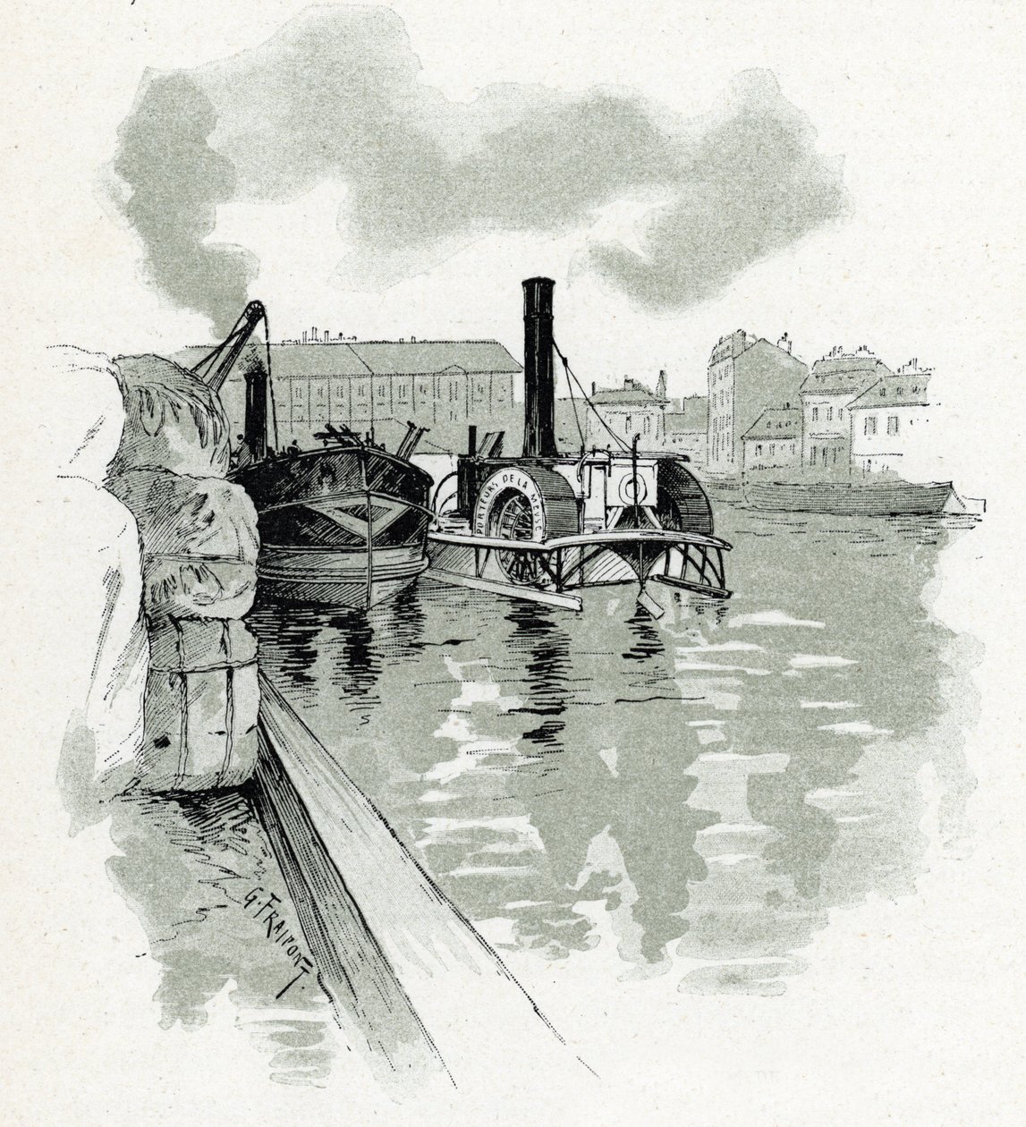 Bateaux amarrés dans le port de La Villette, Paris Dessin de Gustave Fraipont (1849-1923) tiré de « La Seine à travers Paris » par Saint-Juirs - Gustave Fraipont