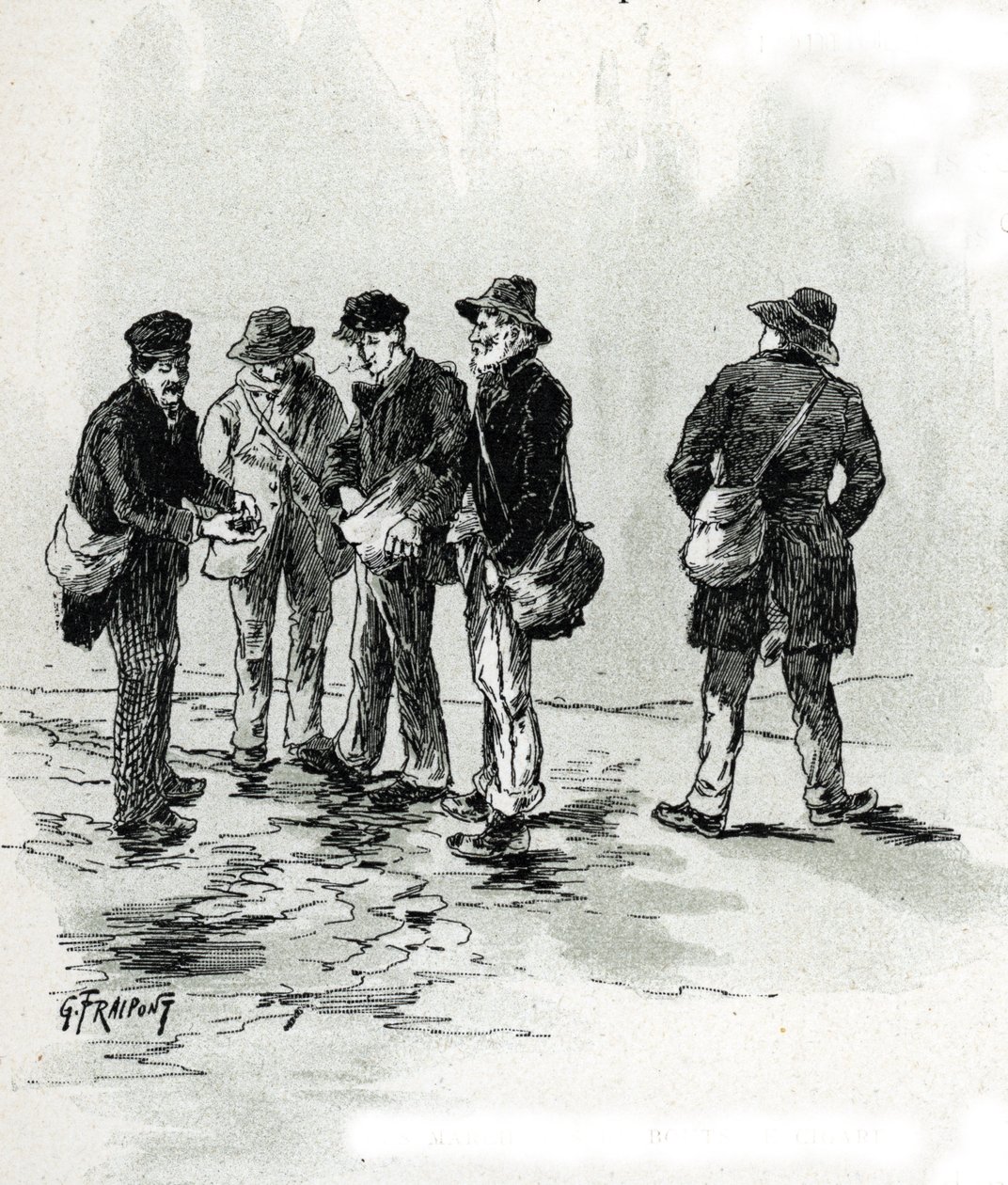 Les marchands de bouts de cigare dans le quartier Maubert, Paris. Dessin de Gustave Fraipont (1849-1923) d