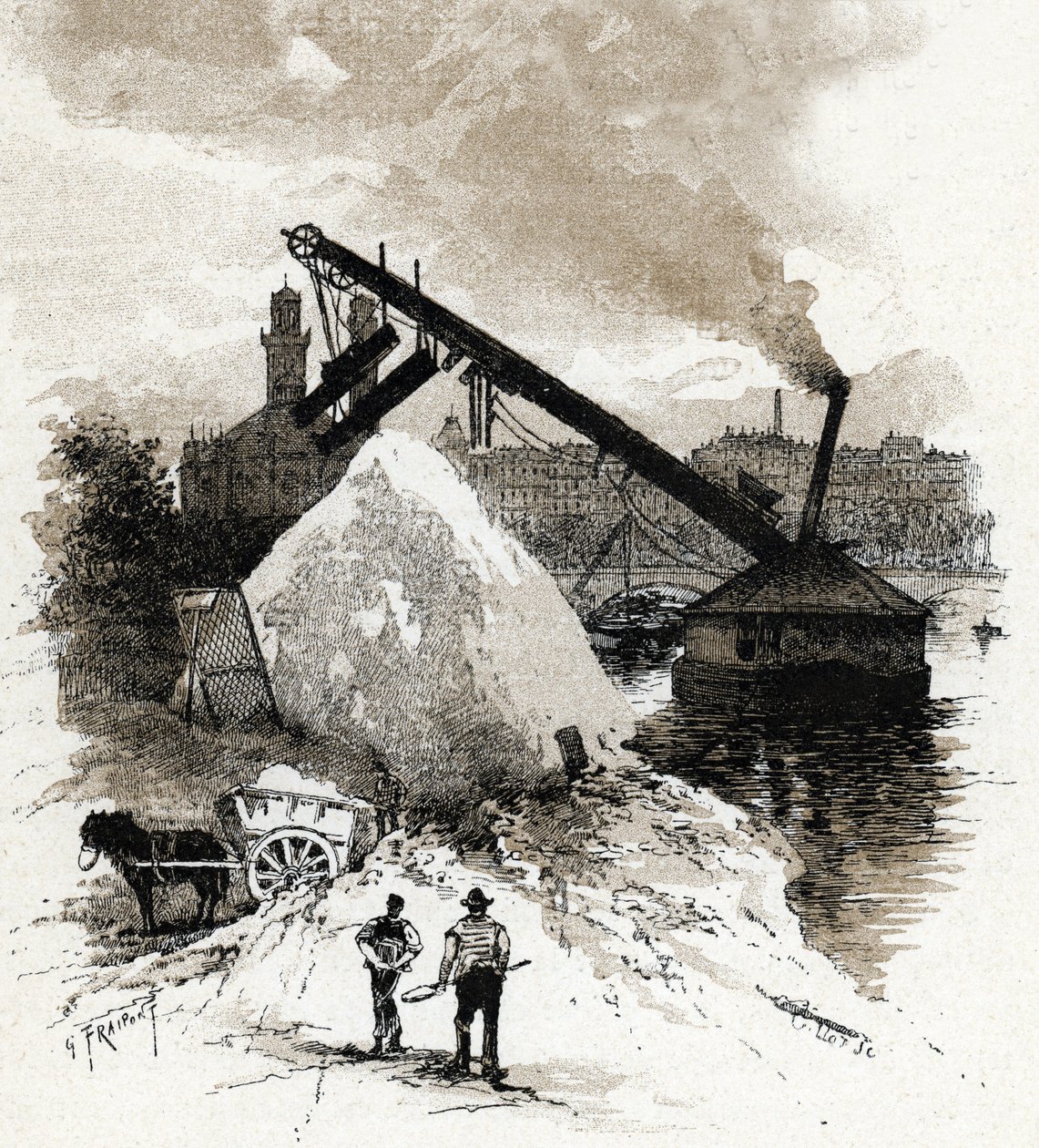 Cribleurs de sable sur la rive de la Seine près du pont de l
