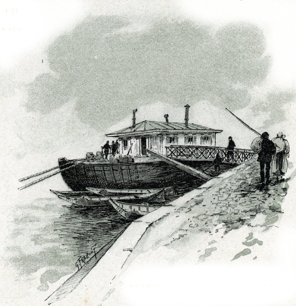 Vue du bateau où les commerçants payaient la redevance de la Seine pour pouvoir importer des marchandises, quai de Bercy à Paris. Dessin de Gustave Fraipont (1849-1923) tiré de « La Seine à travers Paris » - Gustave Fraipont