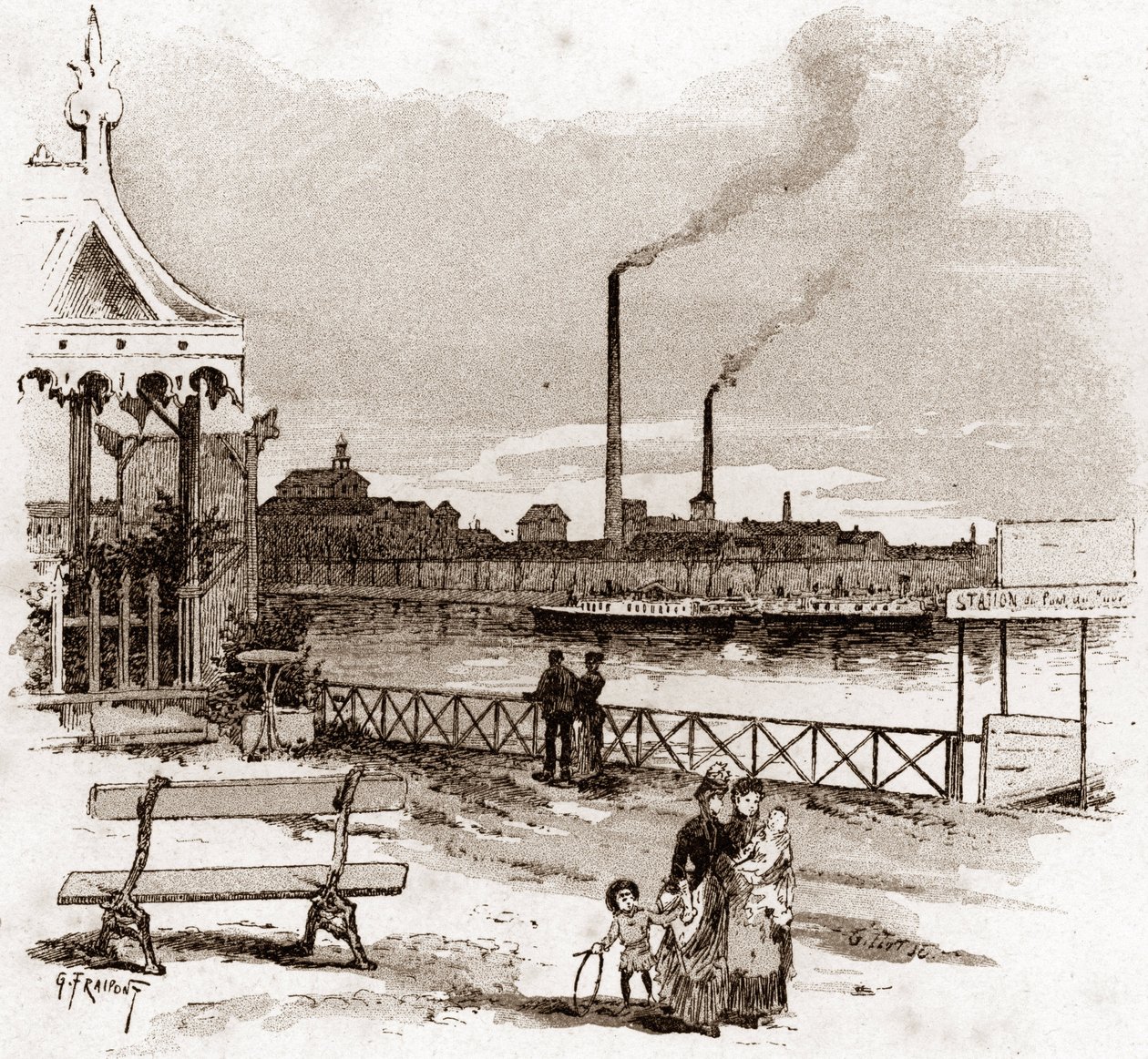 Vue du quai de Javel à Paris, actuel quai André-Citroën Dessin de Gustave Fraipont (1849-1923) tiré de « La Seine à travers Paris » par Saint-Juirs - Gustave Fraipont
