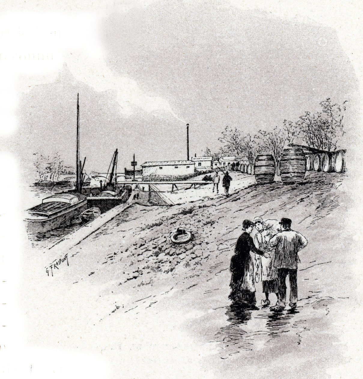 Vue des berges de la Seine et du quai Saint-Bernard, Paris. Dessin de Gustave Fraipont (1849-1923) d