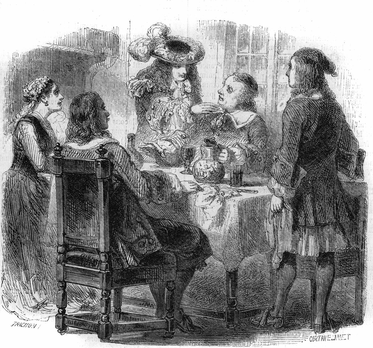 Le tsar russe Pierre le Grand (1672-1725), hébergé en France chez la famille Kalf, observe la discussion entre son hôte et un ivrogne, le marquis de Bernardini. Gravure de Gustave Janet - Gustave Janet
